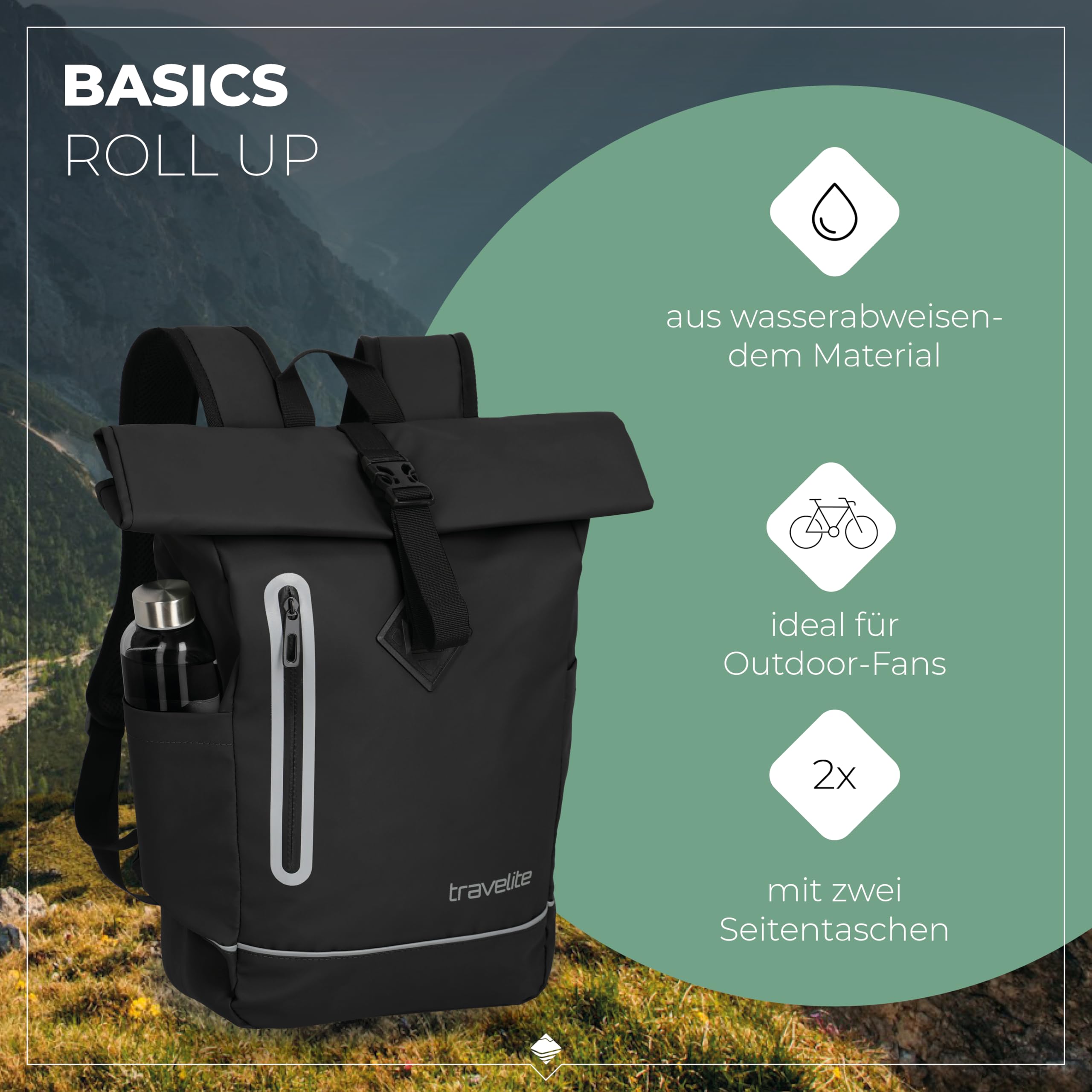 Travelite Rolltop Rucksack wasserfest, Fahrradrucksack, Freizeitrucksack mit Rolltop Verschluss & Reflektoren, BASICS, 48 cm, 19 Liter