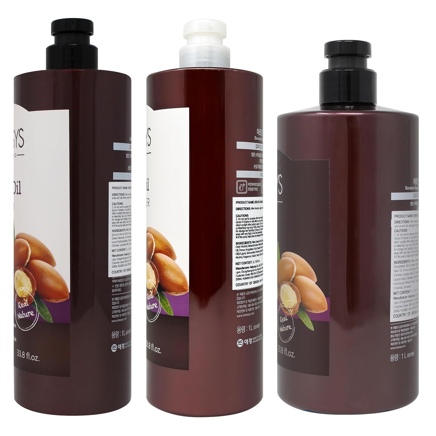 Kerasys Argan Oil Real Nature for Extremely Damaged Hair 33.8 fl oz / 1L (Shampoo + Conditioner + Treatment Set)