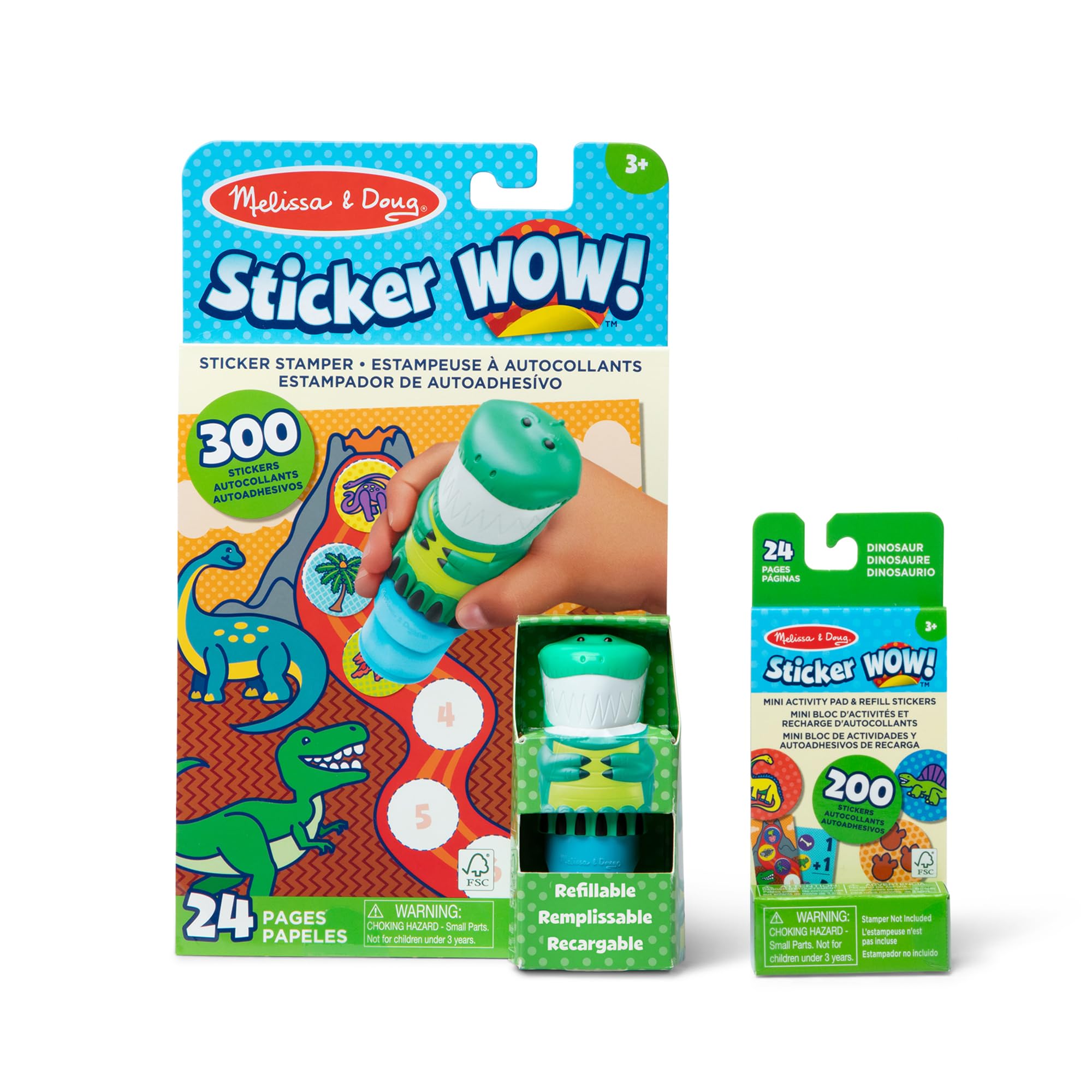 Melissa & Doug - Sticker Wow Stempel-Set Dinosaurier mit Nachfüllset, Mit 500 Stickern, Nachfüllbarer Sticker-Stempel, 24-seitiger Aktivitätenblock und Mini-Block, Für Kinder ab 3 Jahren