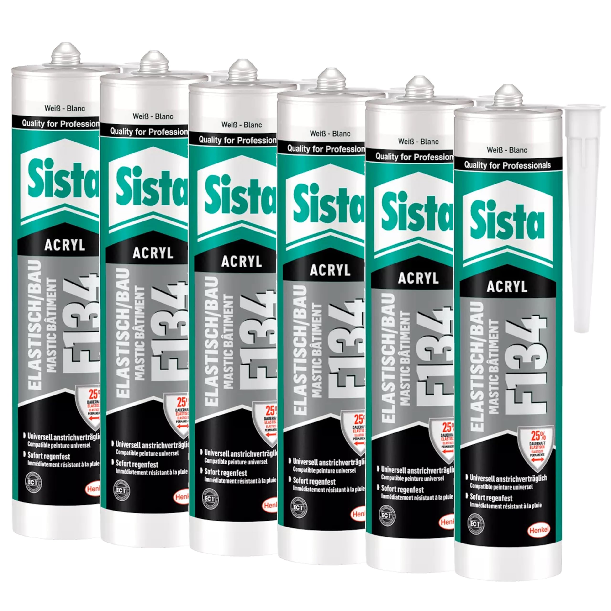 Sista F134 Elastisch/Bau, elastischer Acrylat-Dichtstoff für stark dehnungsbeanspruchte Anschlussfugen im Hochbau und an Wärmedämm-Verbundsystemen, weiß, 6x 300ml