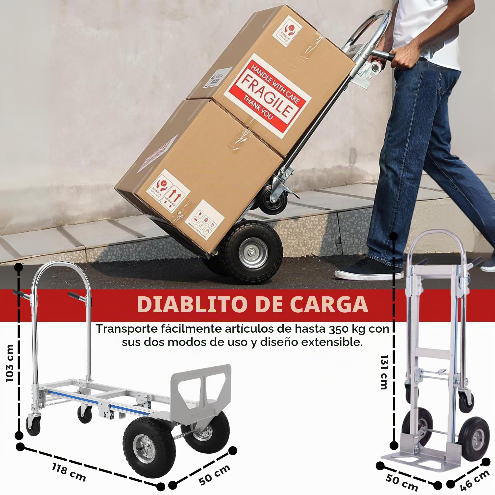 Carretilla de Mano de Aluminio 2 en 1. Carrito de Transporte con 4 Ruedas, Convertible en Plataforma o Carro de Mano, Capacidad de 350kg. Carro de Carga Plegable para Almacen, Mudanza. | 4 Ruedas, Convertible en Plataforma o Carro de Mano, Capacidad de 35