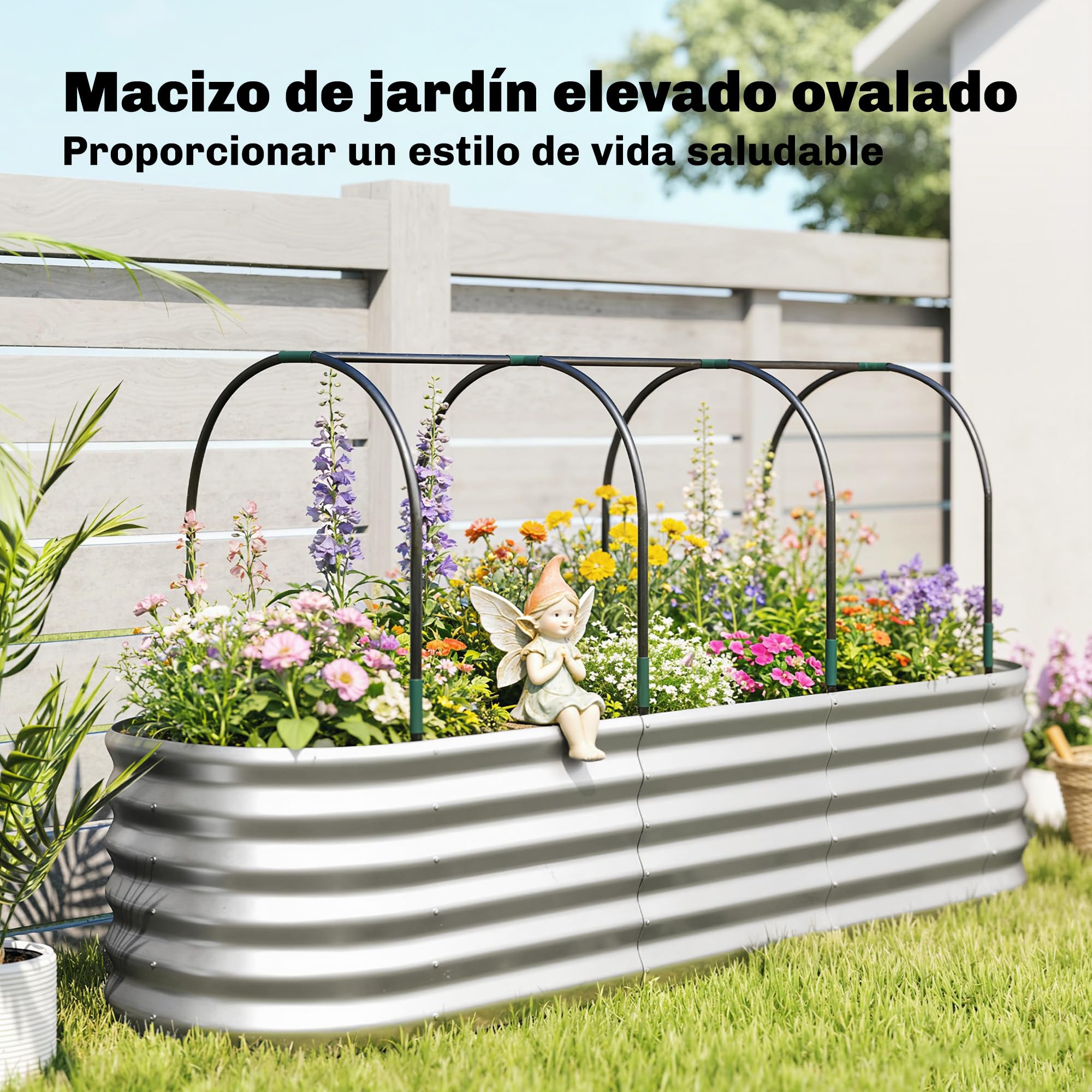 Outsunny Jardinera Exterior Grande con Cubierta de Invernadero y Malla, Huerto Urbano de Acero Galvanizado con Fondo Abierto, Resistente a la Intemperie, para Patio, Terraza, 200x60x103 cm, Plateado