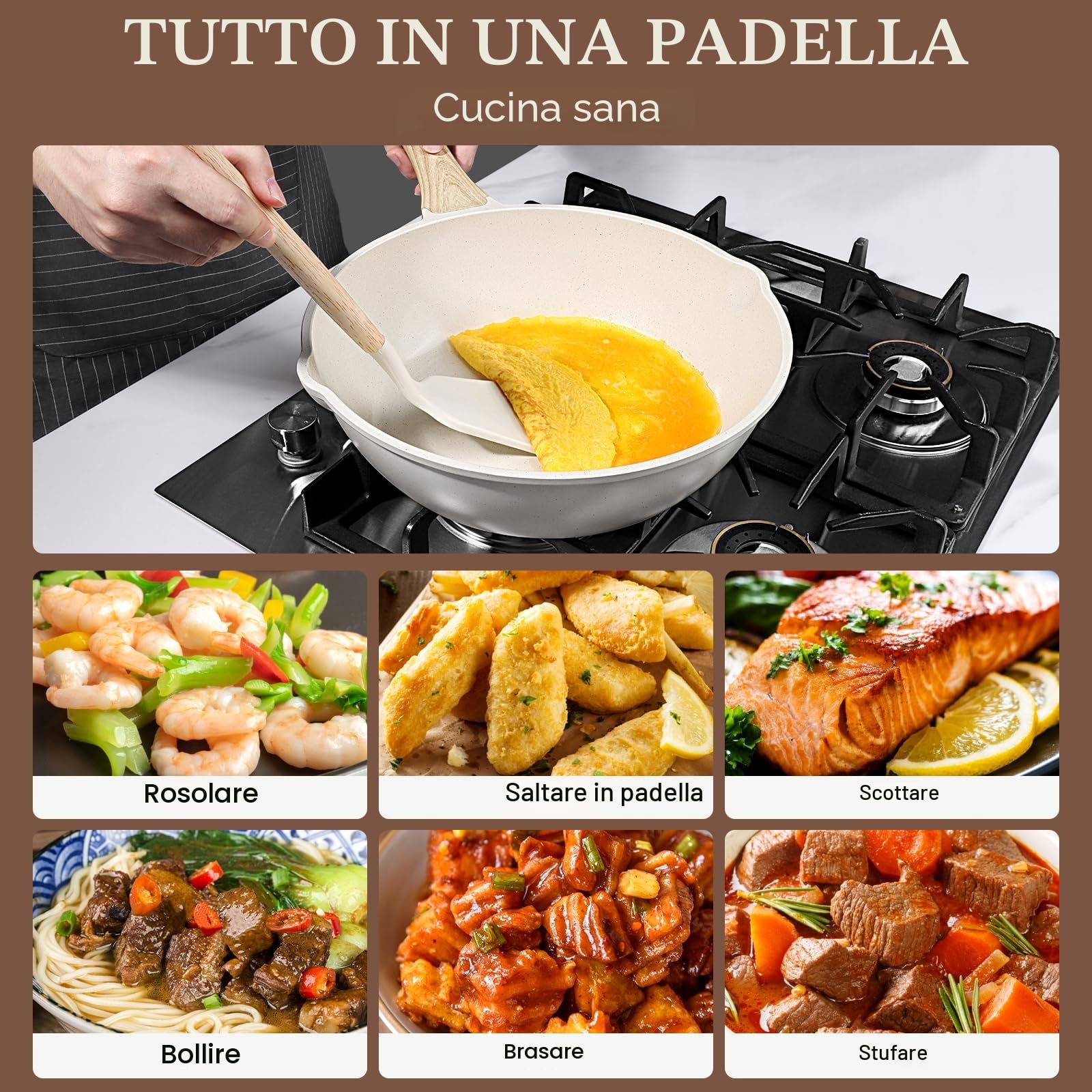 GiPP Padella Antiaderente Padella In Granito Da 4,3 L Con Coperchio, Beccuccio E Manico Raffreddato, Padell Antiaderente Non Tossica, Pentola Per Induzione, Senza Pfoa (Bianco, 28cm)