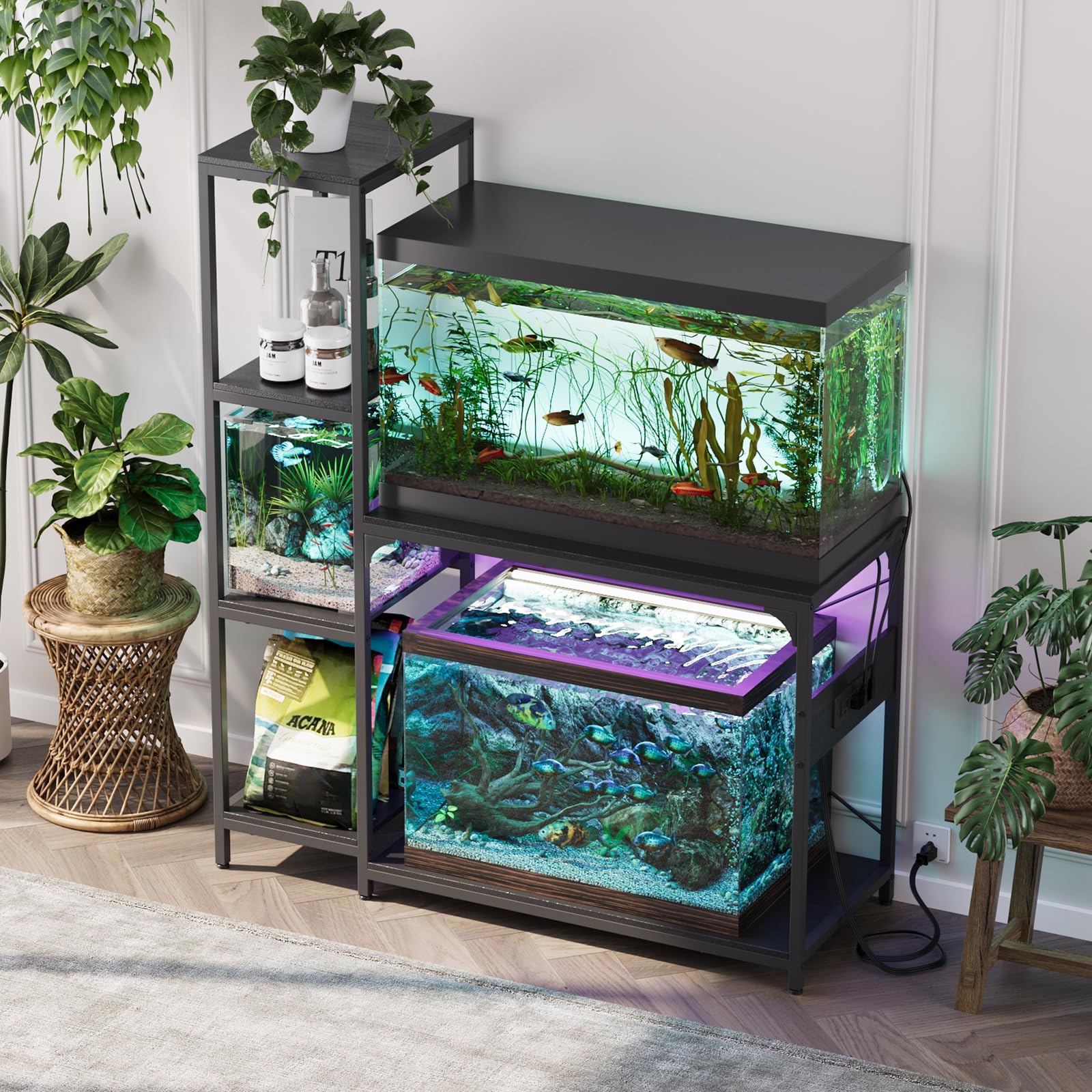 VOWNER Soporte para pecera de 20-29 galones con toma de corriente, soporte de madera para acuario con estantes para almacenamiento de accesorios de pecera, marco de metal resistente, soporte de