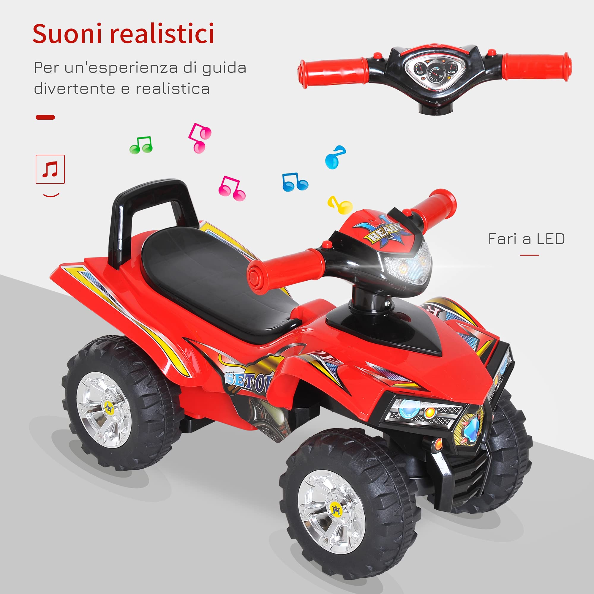 HOMCOM Quad Giocattolo per Bambini, Macchina Cavalcabile per Bambini con Clacson, Musica e Luci, 60x38x42 cm, in PP Rosso