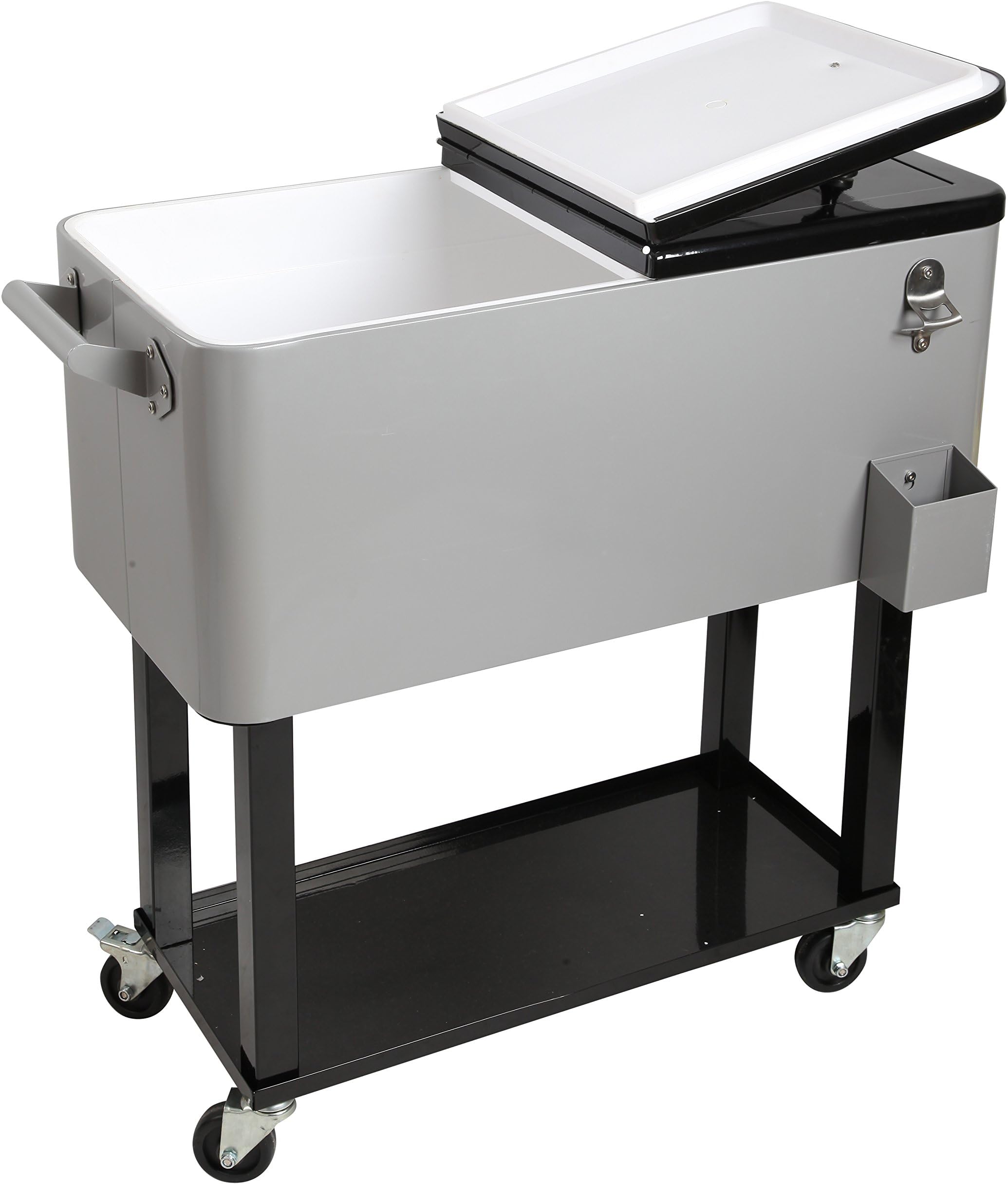 HIO 80 Qt Outdoor Patio Cooler Table On Wheels, Rolling Cooler With Shelf, Silver