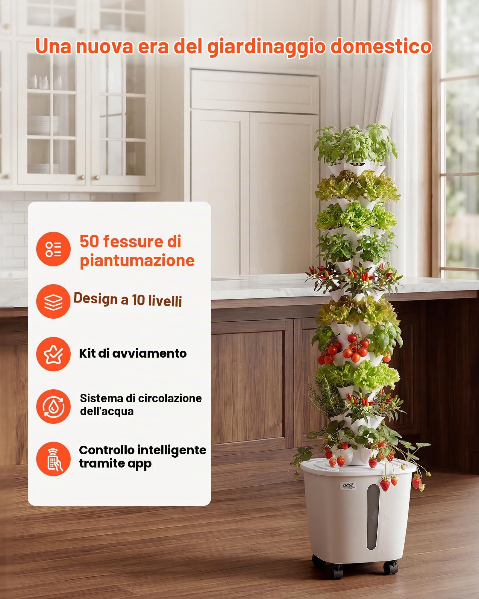 VEVOR Torre idroponica, 50 Pods, Hydrotower a 10 Livelli, Kit di Sistema di Coltivazione idroponica con Controllo App, Ruote, Serbatoio dell'Acqua da 20 Litri e Pompa, Torre idroponica per Erbe