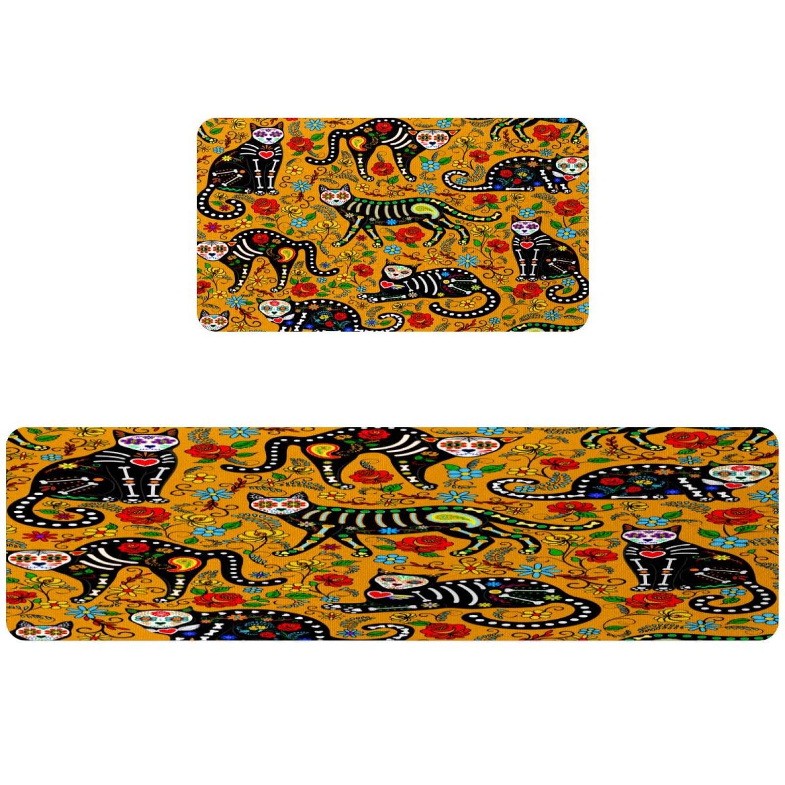 Tapis de cuisine antidérapant et absorbant lavable motif chats fleurs