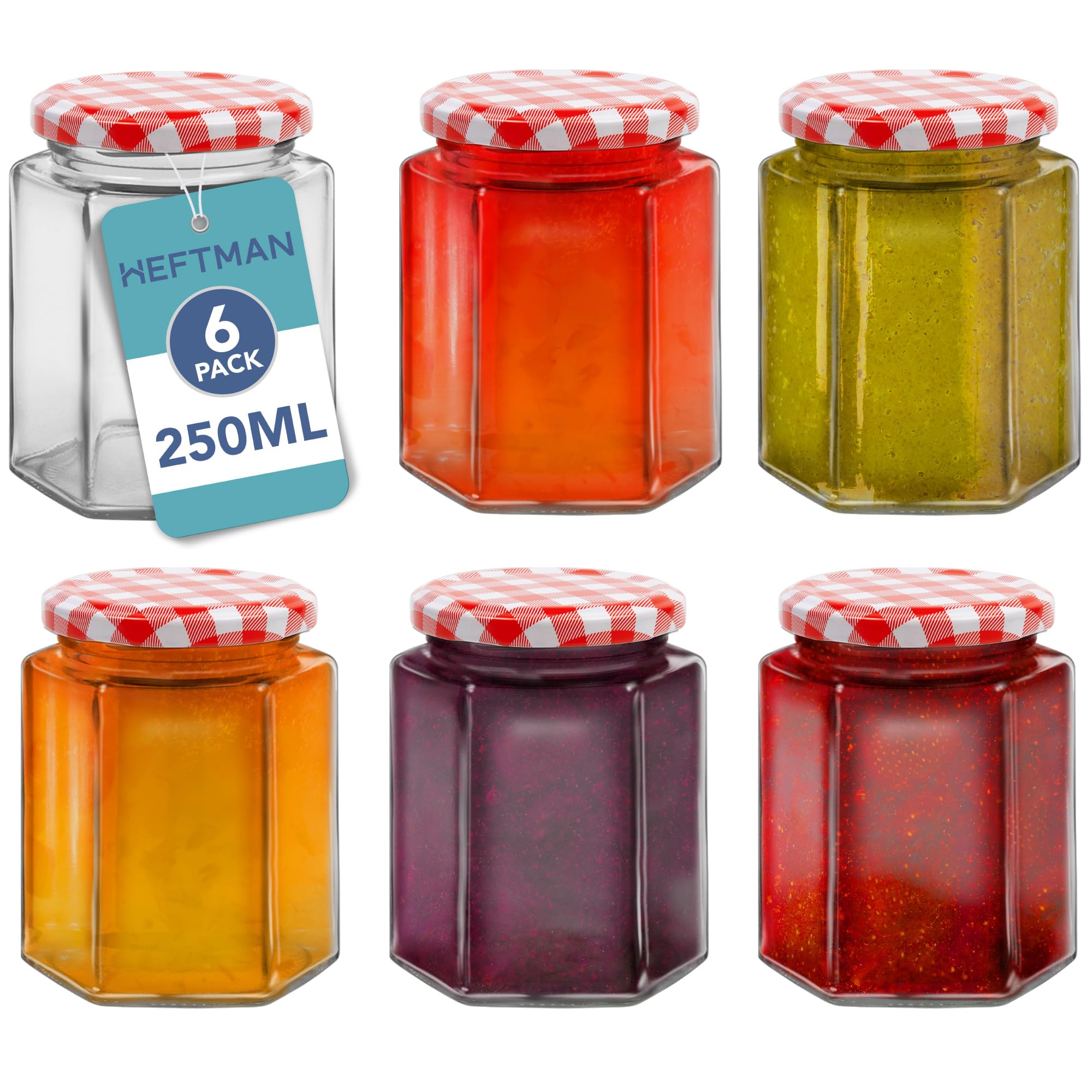 Small Glass Jars with Lids - 6 Pack Airtight 250ml Jam Jars with Red Gingham Lids for Use as Pickle Jar, Jams, Honey, Candle Making, Preserving, Food Storage - Hexagonal Shape (Empty)