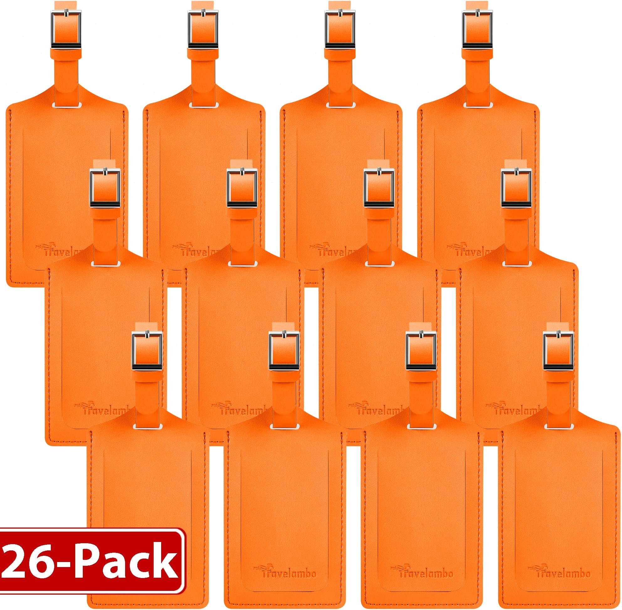 Travelambo 26 Pack Luggage Tags for Suitcases Privacy Protection Bag Tags Faux Leather Travel Accessories Essential, Hot Orange