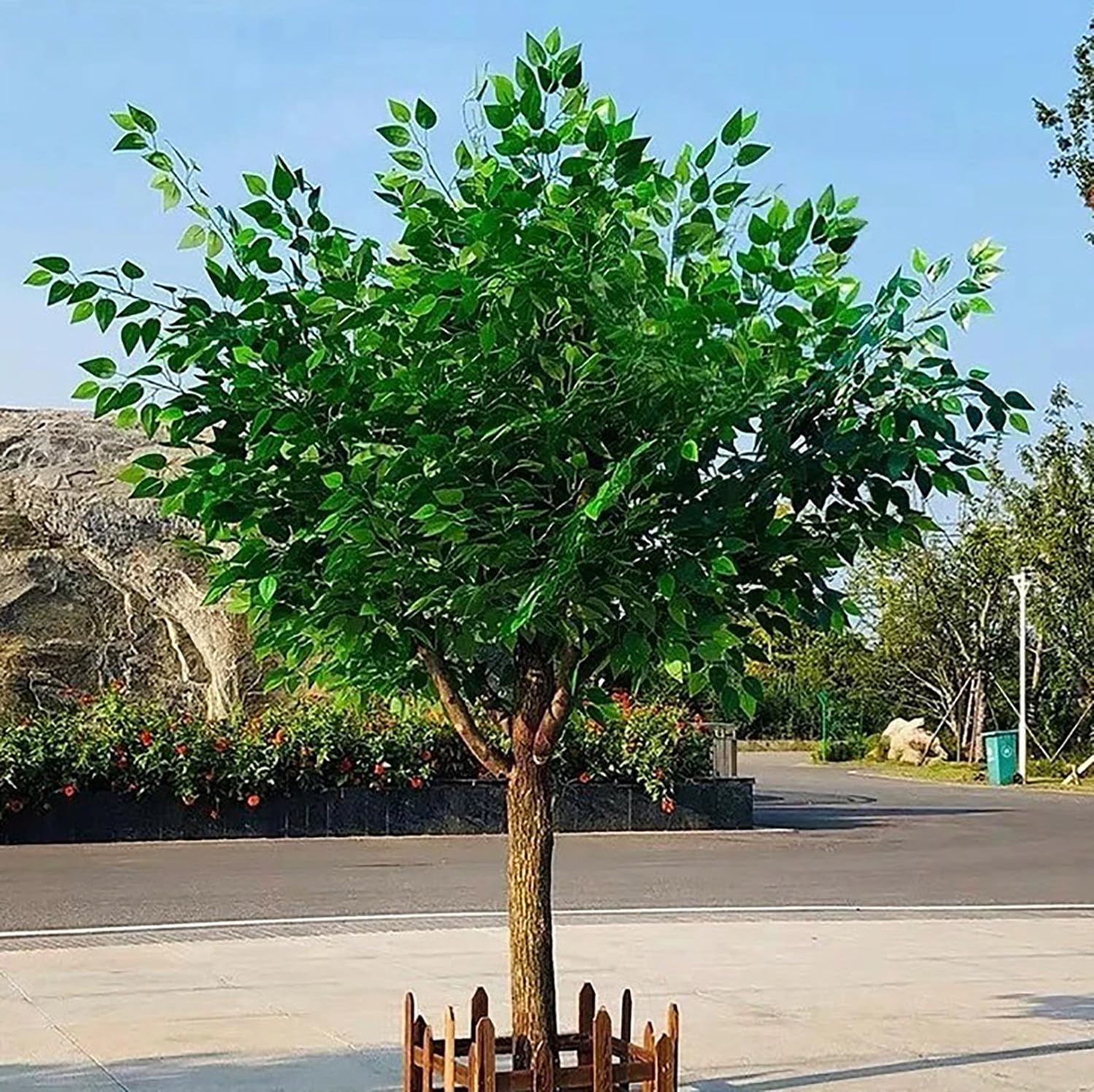 Albero di Banyan artificiale con recinzione+prato+robusta base in ferro, alberi artificiali decorativi fatti a mano, albero floreale realistico,rami in legno massello,arredamento per la casa,300*300cm