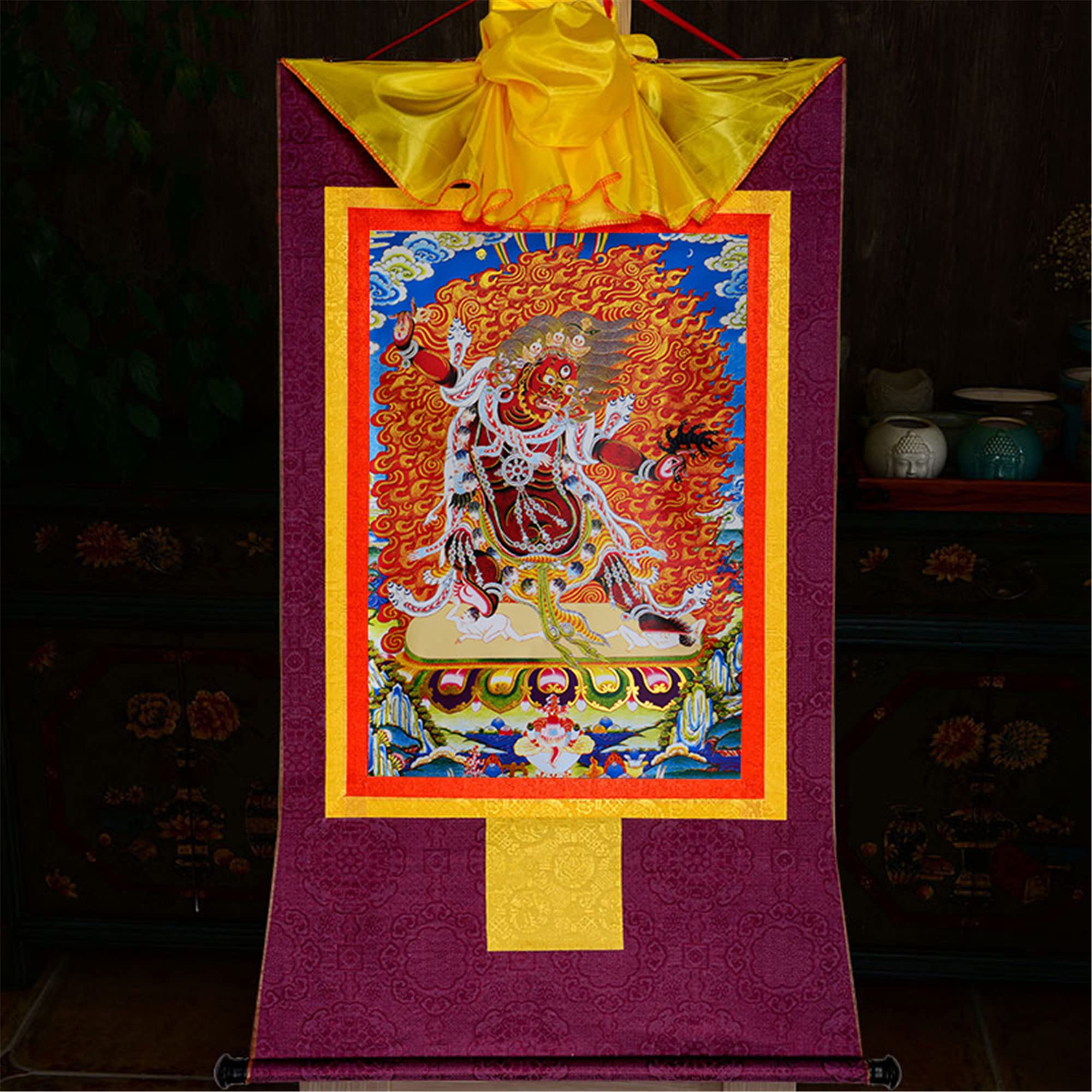 Gandhanra Thangka Tibetische Wandbehang,Guru Dorje Drolo Thangka,Heißgeprägter Buddha Wandteppich für Zen Wohnkultur, Meditation, Spirituelle Entspannung und Ruhe