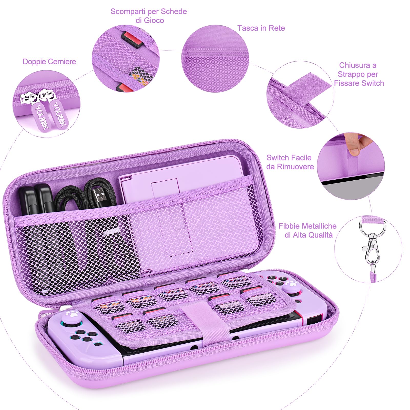 Younik Pacchetto Accessori Switch, kit Accessori 17 in 1 per Ragazze Include Custodia per Switch, Supporto Regolabile, Custodia Protettiva per Console Switch e J-Con (Viola)
