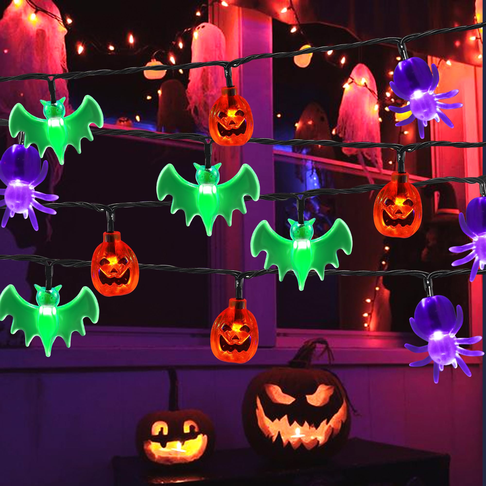 RECESKY 70 LED Pumpkin Bat Spider String Lights - 22.6ft