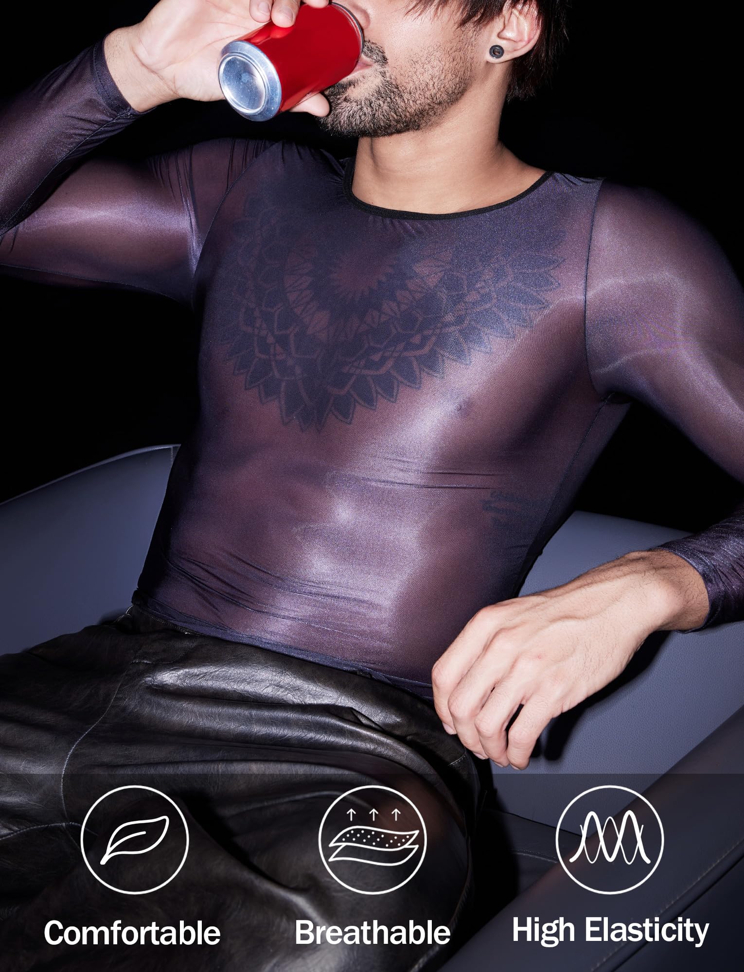 AIEOE Haut Transparent Homme T-Shirt Sexy en Maille Manches Longues sous-vêtement Respirant Clubwear Taille Unique S-M