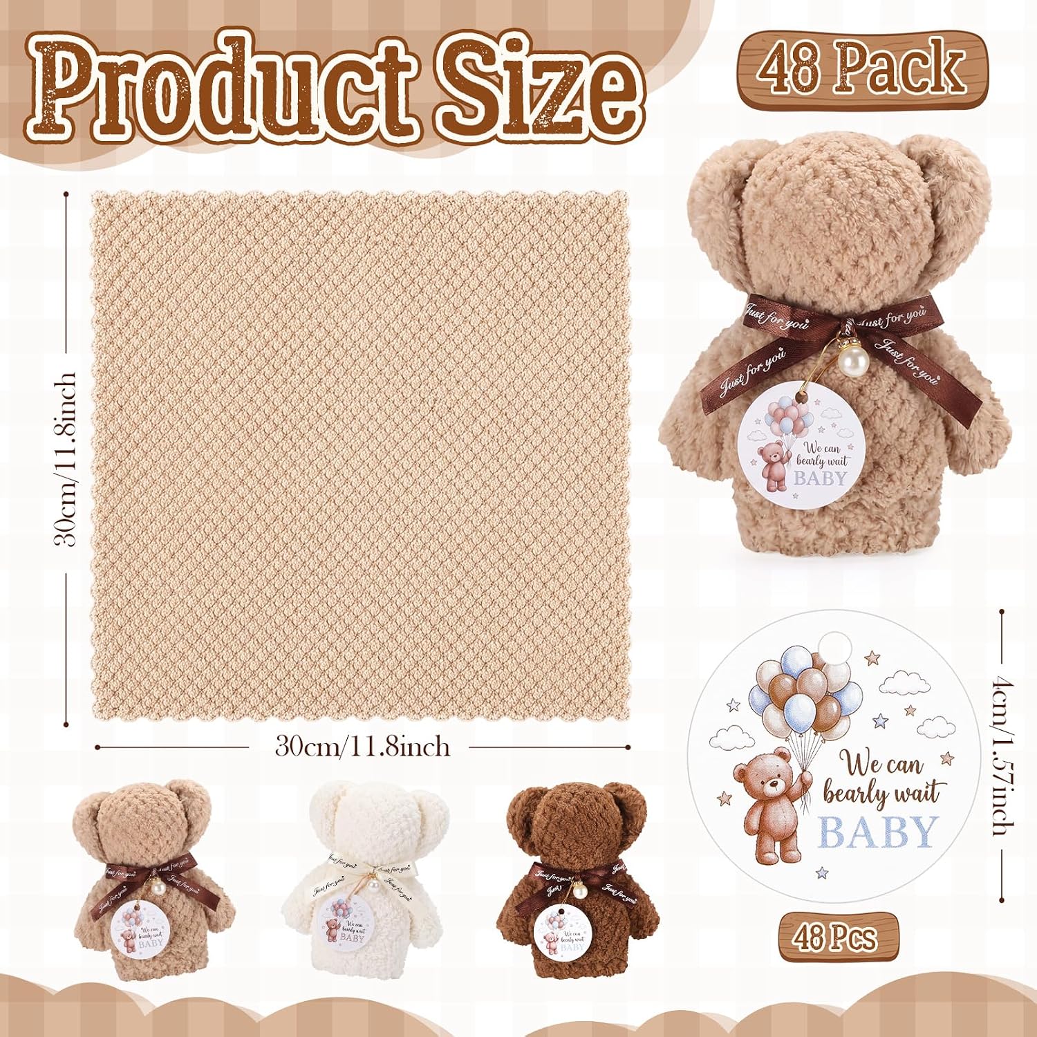 48 Sets Bear Towel Bulk Soft Coral Fleece Hand Towels Favors with We Can Bearly Wait Baby Cards for Gender Reveal Wedding Birthday Party Souvenir Supplies