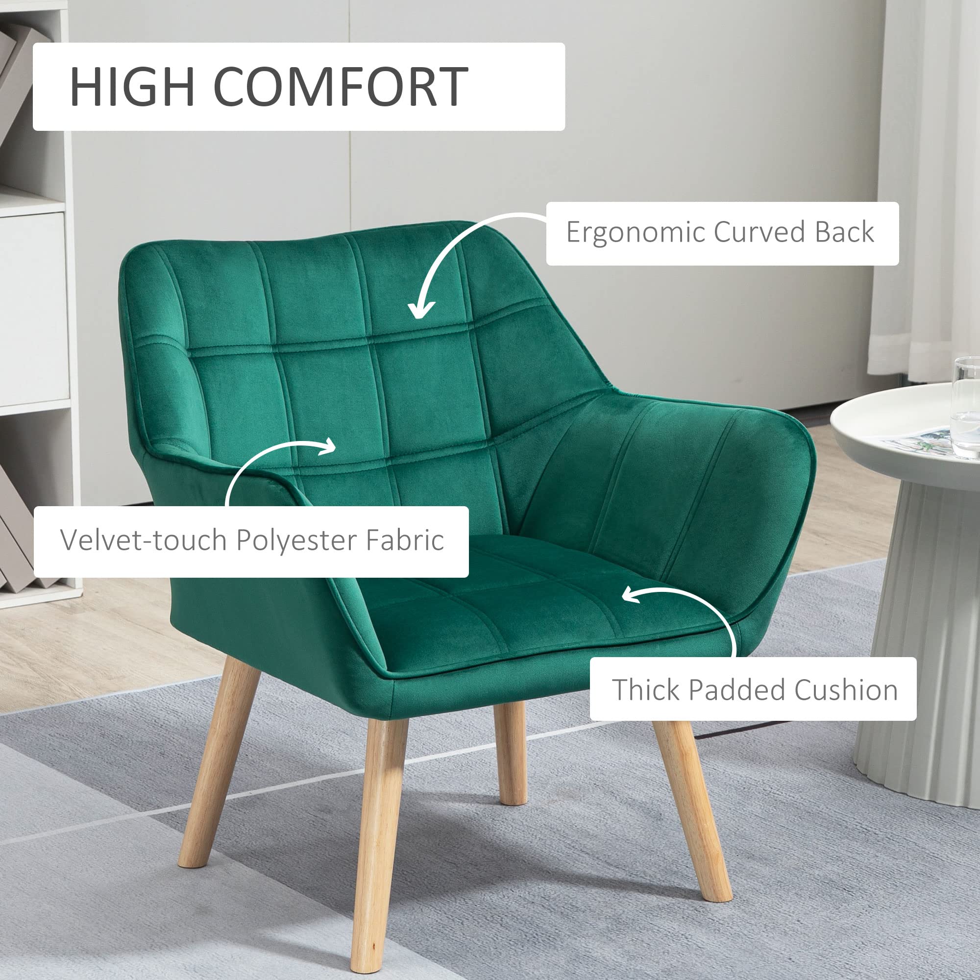 HOMCOM Poltroncina da Camera Design Scandinavo, Poltrona in Velluto e Legno, Color Verde, per Soggiorno o Ufficio, 67x61.5x71cm
