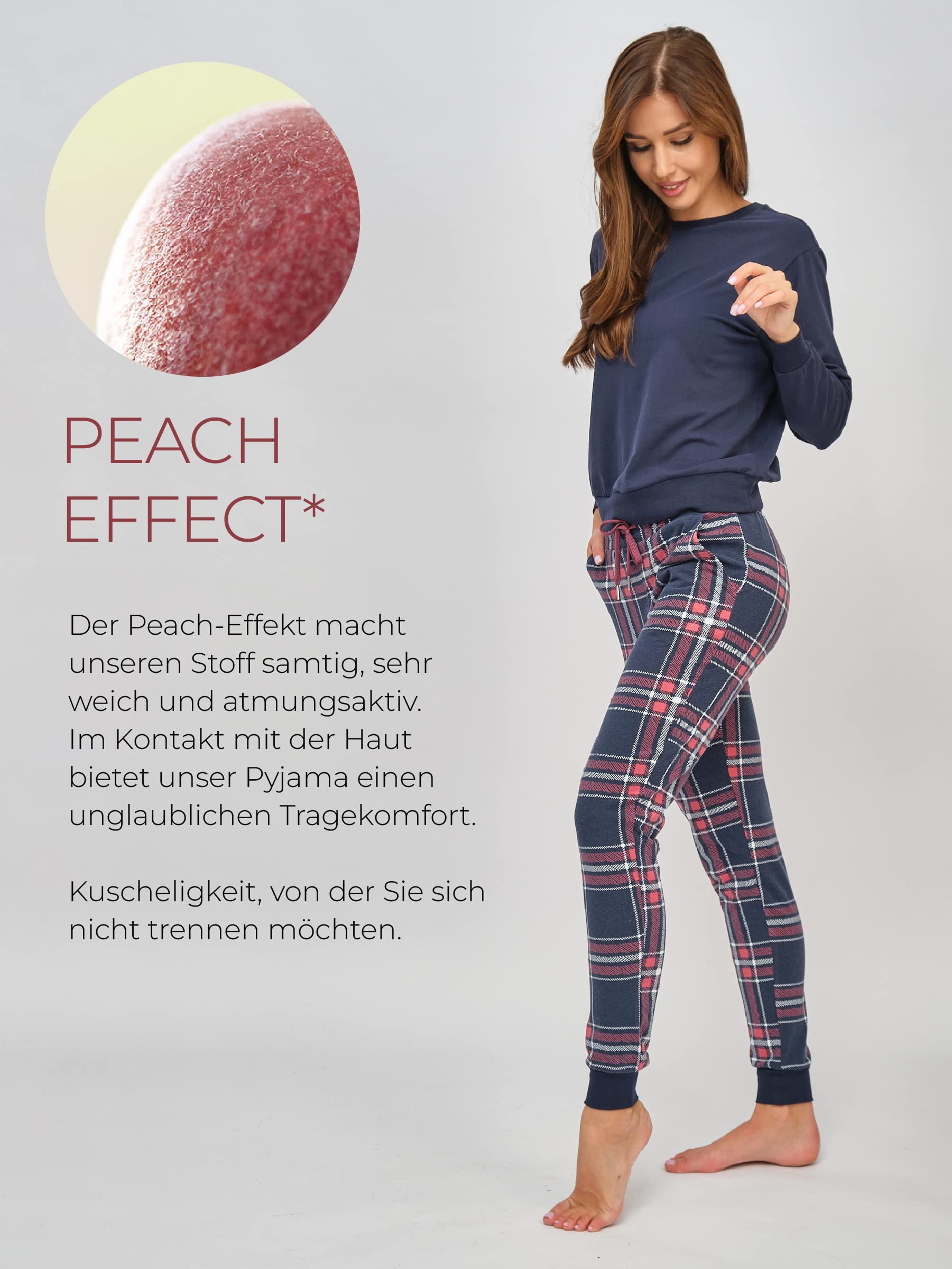 Schlafanzug Lang mit Bündchen Zweiteiliger einfarbiger Oberteil mit Rundhals und Karierte Hose mit Tasche