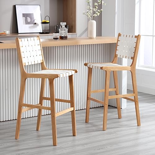 Miniatura 2 de Juego de 2 taburetes de bar de cuero de 29 pulgadas para isla de cocina, modernos taburetes de bar de granja con respaldo tejido, asiento cómodo,