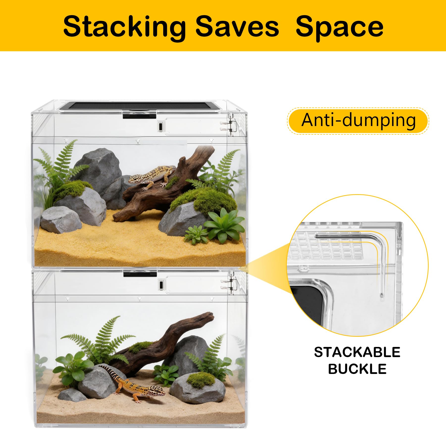 Terrario de vidrio de policarbonato para reptiles, antiroturas, 15 x 8 x 9.7 pulgadas, kits de inicio de tanque de anfibios, pantalla de puerta corrediza superior, mini jaulas de hábitat, termómetro