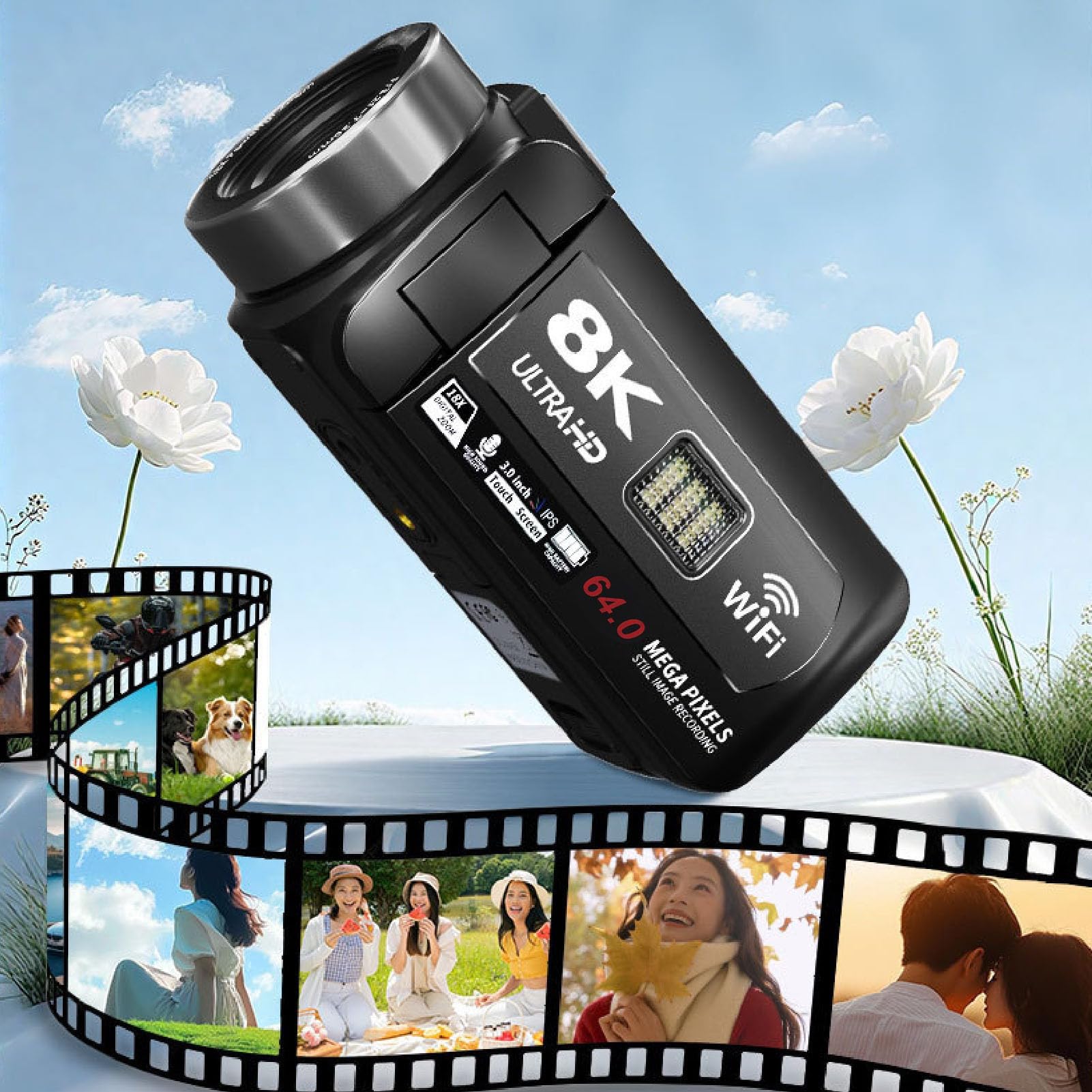 Videocamera 8K, Videocamera Touch Screen da 3 Pollici con Zoom Digitale 64MP 18X, Digitale con Webcam WiFi Luce LED per Viaggi in Streaming Live