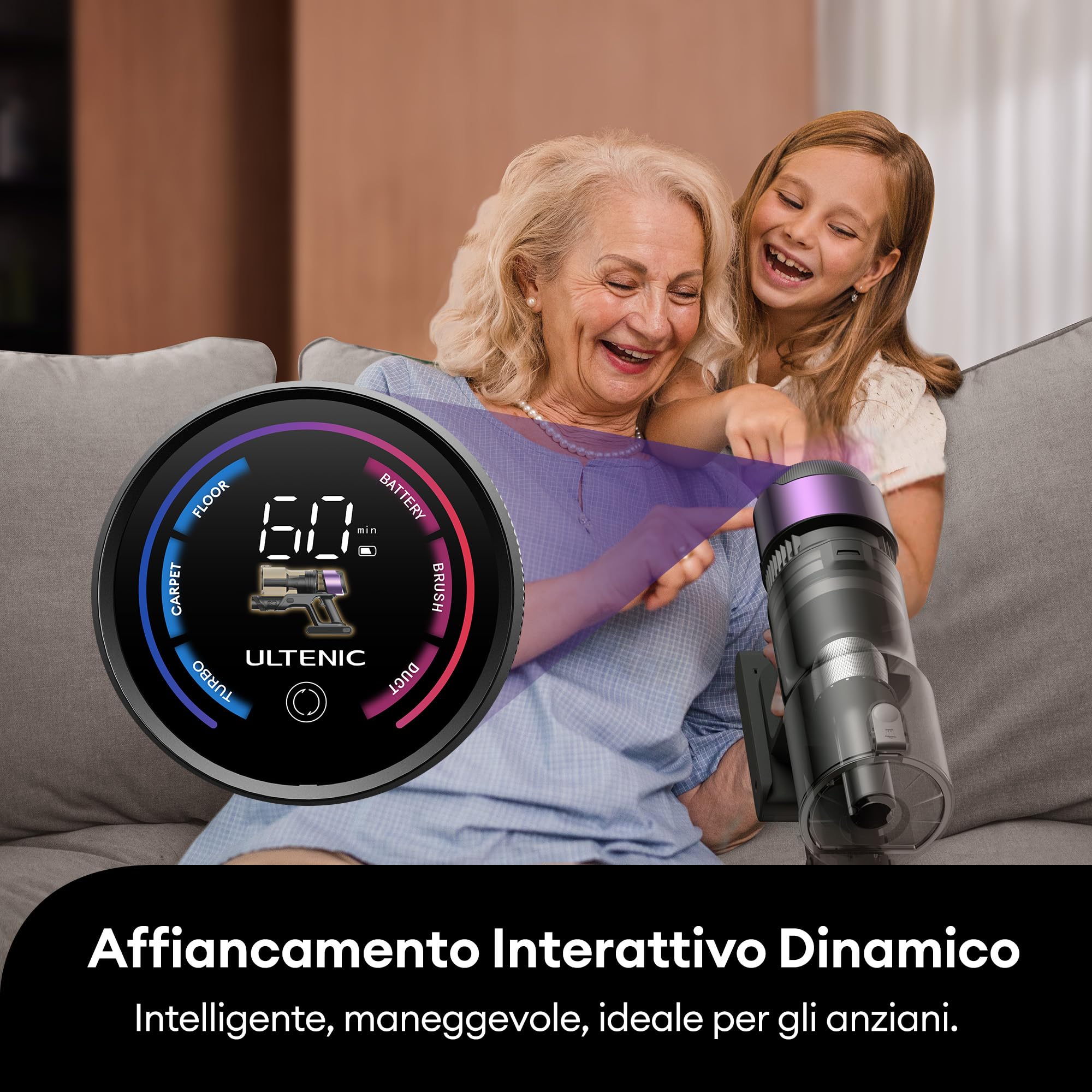 Ultenic Aspirapolvere Senza Fili 55Kpa/60Min, Scopa Elettrica Senza Fili Potente con Tubo Pieghevole, Upgrade Spazzola Anti-Groviglio, Aspirapolvere Autoportante per Tappeti Pavimenti Peli Animali