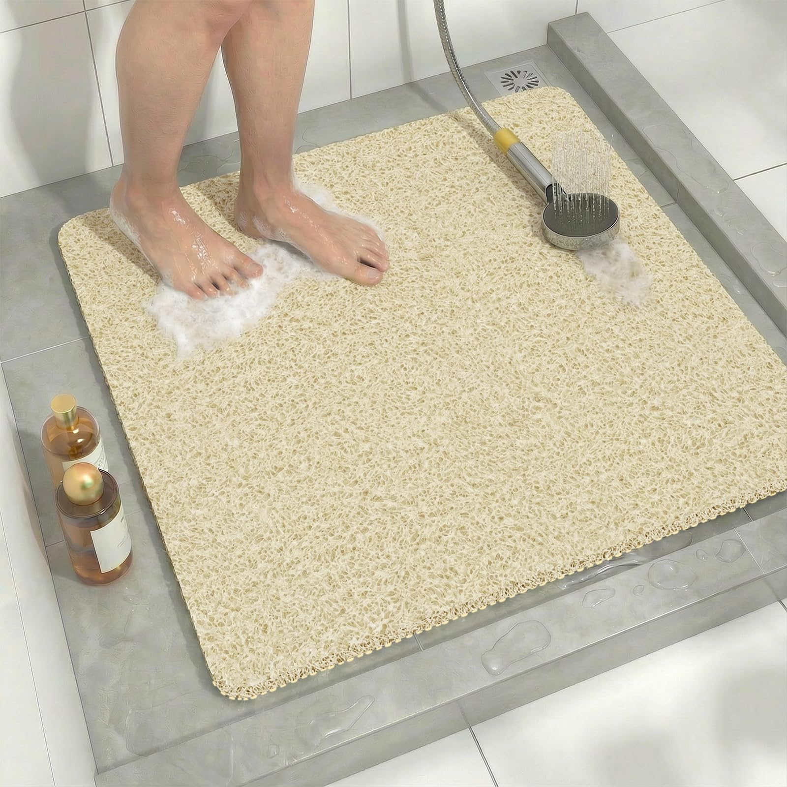 Loofah Shower Mat 60x60CM, Soft Quick Drying Shower Mats with Drain, Non Slip Bath Mats for Inside Shower, Square Antibacterial PVC Shower Mat for Elderly, for Wet Room & Bathroom,Beige