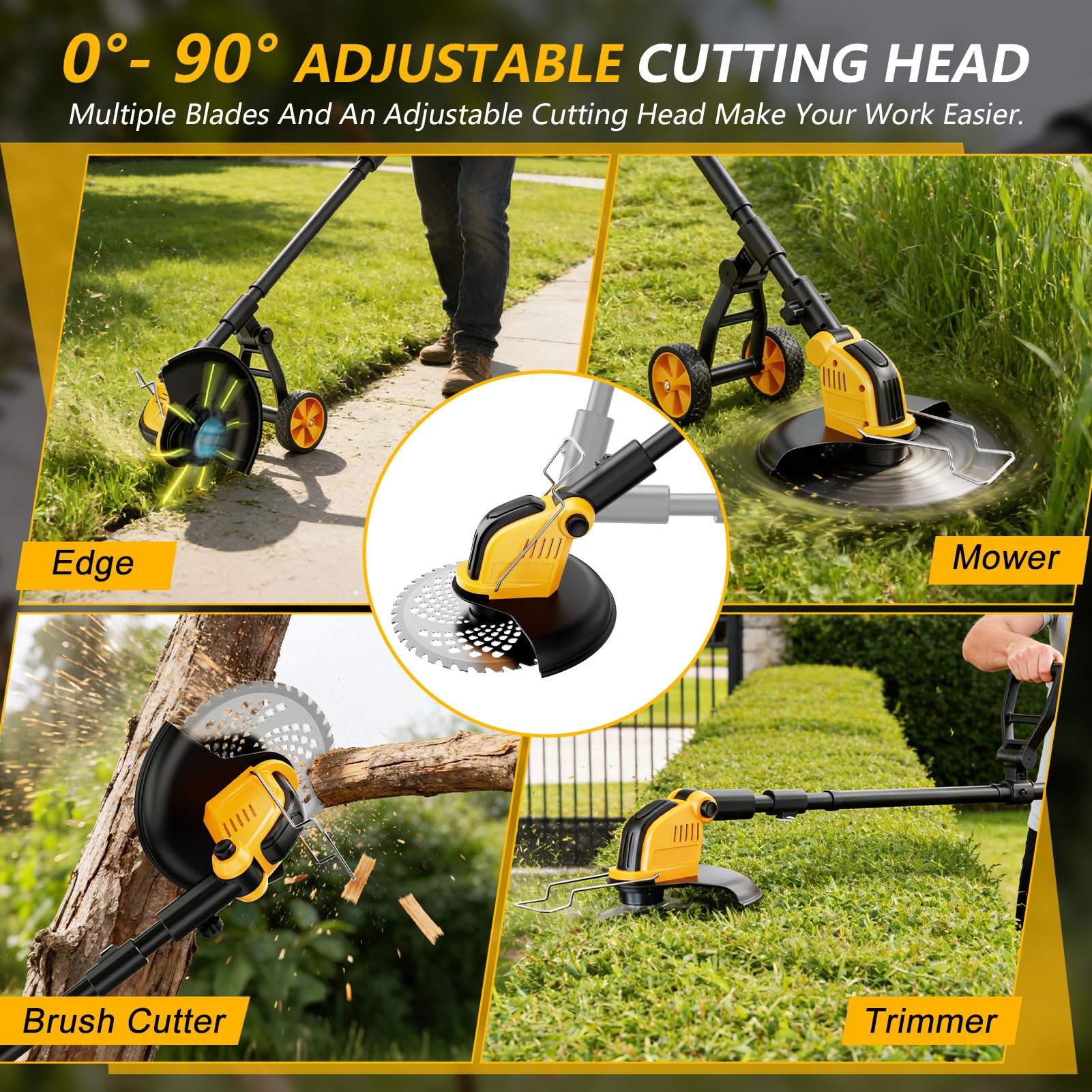 Débroussailleuses Electrique sans Fil avec Roue,Akku Rasentrimmer,30CM Coupe Bordures sans Fil avec 2 * 3.0Ah Batterie et Chargeur&4 Types Lames,Moteur Brushless 800W