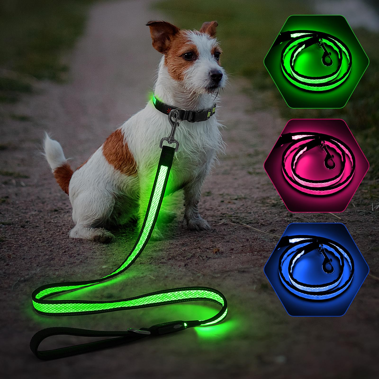Candofly Correa LED para perro de 4 pies, recargable por USB, 3 modos de iluminación, brilla en la oscuridad, correas reflectantes de nailon para mascotas con luces para caminar por la noche (verde)