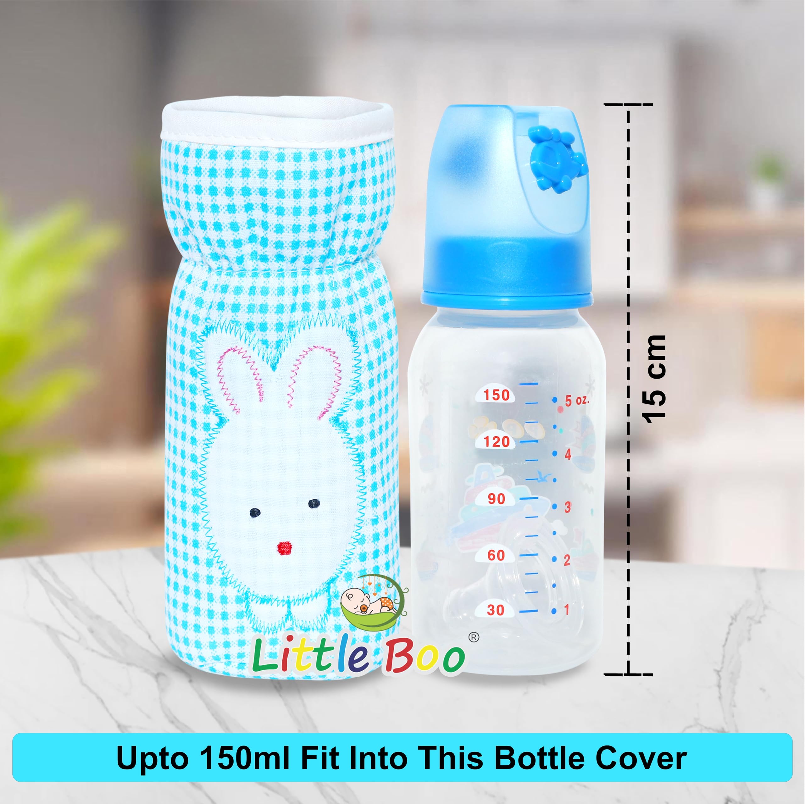 Little Boo Soft Plush Stretchable Baby Feeding Bottle Cover with Easy to Hold Strap | Check Design Cotton Pack of 2 (Blue and Pink,Narrow Neck Fits Upto 150ml) - Image 2 thumbnail