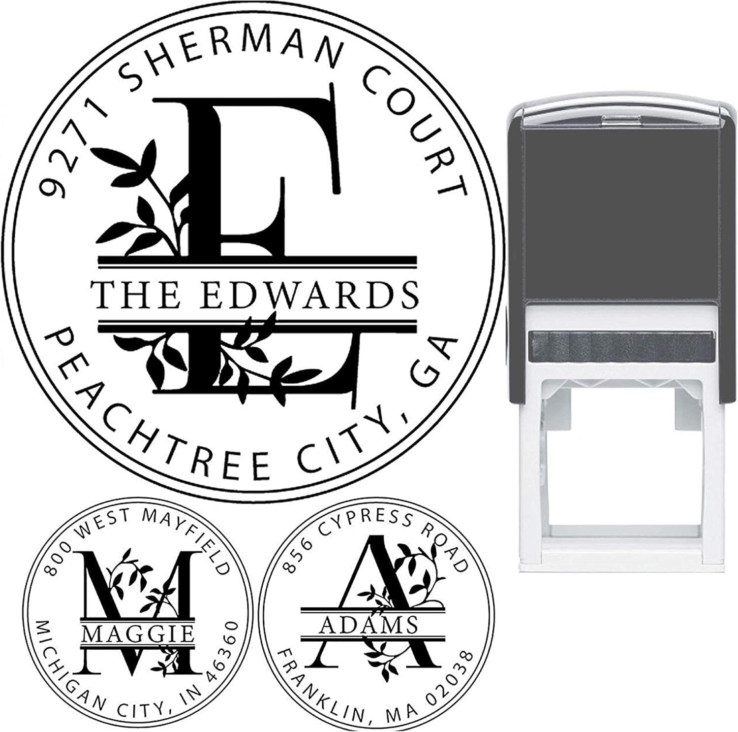 Monogram Address Stamp Self Inking Custom Return Address Stamp Stamper Personalized Customized Stamp Return Address Mail Round 3 Lines. Mail Envelopes. Black Red Blue Purple Green Ink