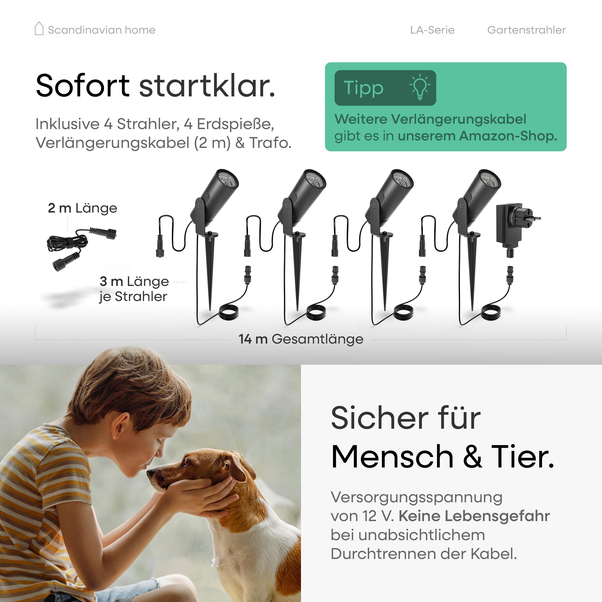Scandinavian home Gartenbeleuchtung 4er Set - 12V LED Gartenstrahler mit Erdspieß, IP65 Wasserdicht, 3000K Warmweiß, Strahler Außen - Erweiterbare Gartenbeleuchtung mit Strom für Garten & Wege