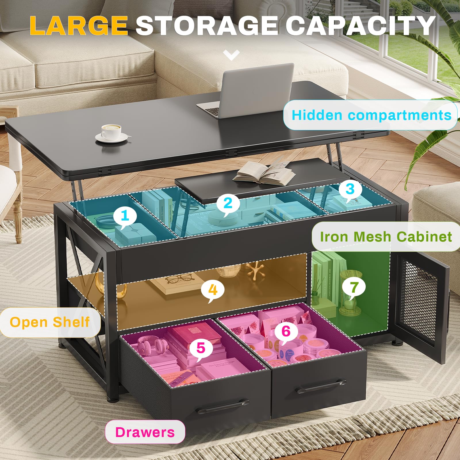 Itaar 40" Lift Top Coffee Table, 4 in 1 Coffee Tables with Storage Cabinet for Living Room, Small Farmhouse Coffee Table with 2 Fabric Drawers & LED Light for Dining Room, Black