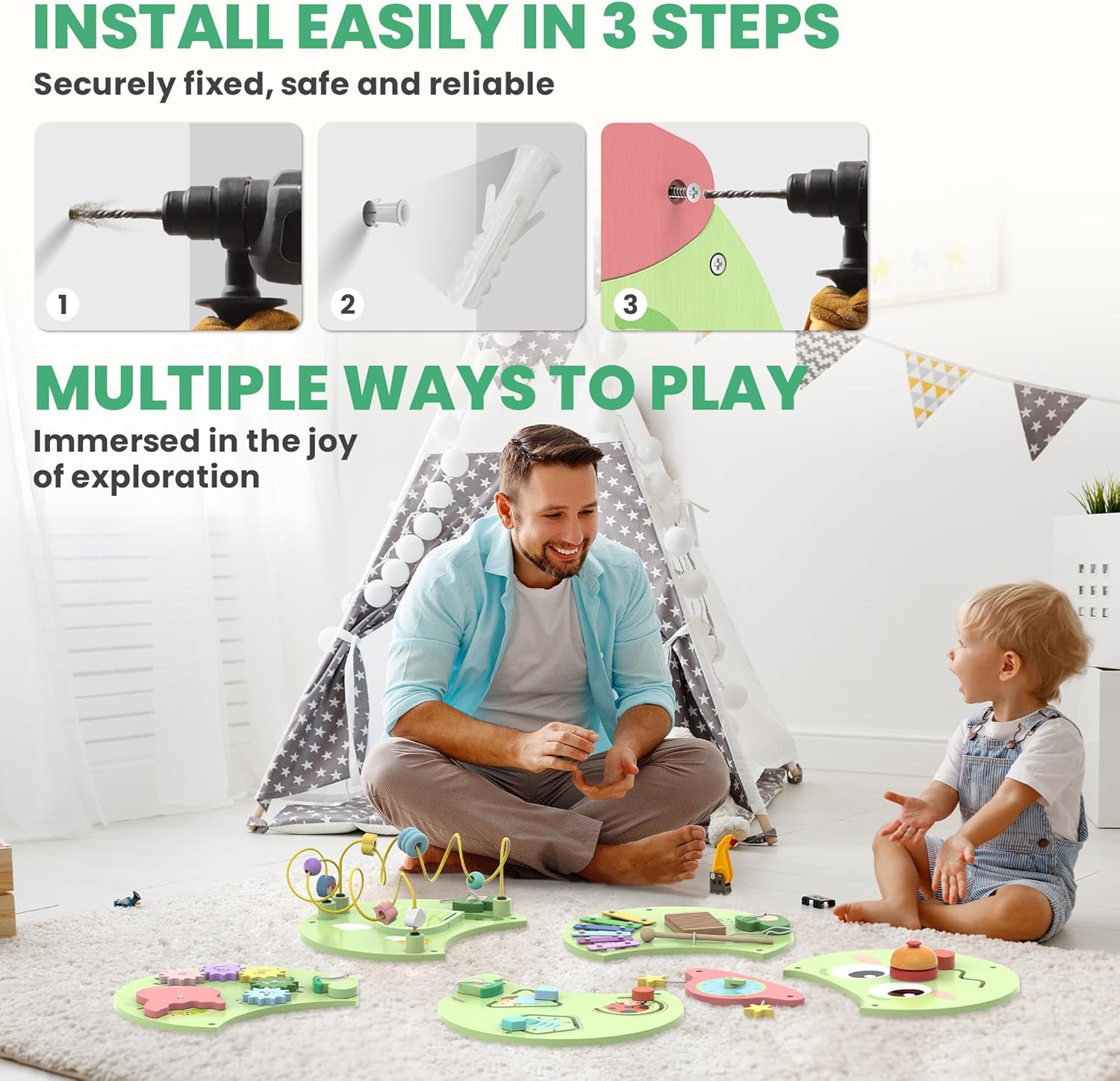 BlueWood Wooden Wall Busy Board Panels, Toddler Learning Activity Center, Montessori Philosophy Sensory, Educational Toys, Conducive to All-Round Development - Caterpillar