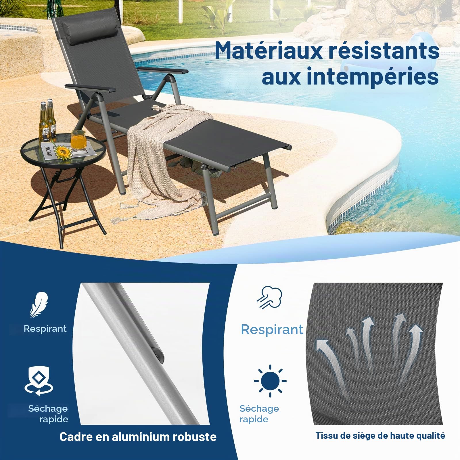 GIANTEX Chaise Longue de Jardin Pliable en Aluminium avec roulettes, Bain de Soleil 7 Niveau Réglables et Appui-Tête Confortable, Chaise Inclinable d'Extérieur pour Patio, Piscine, Jardin