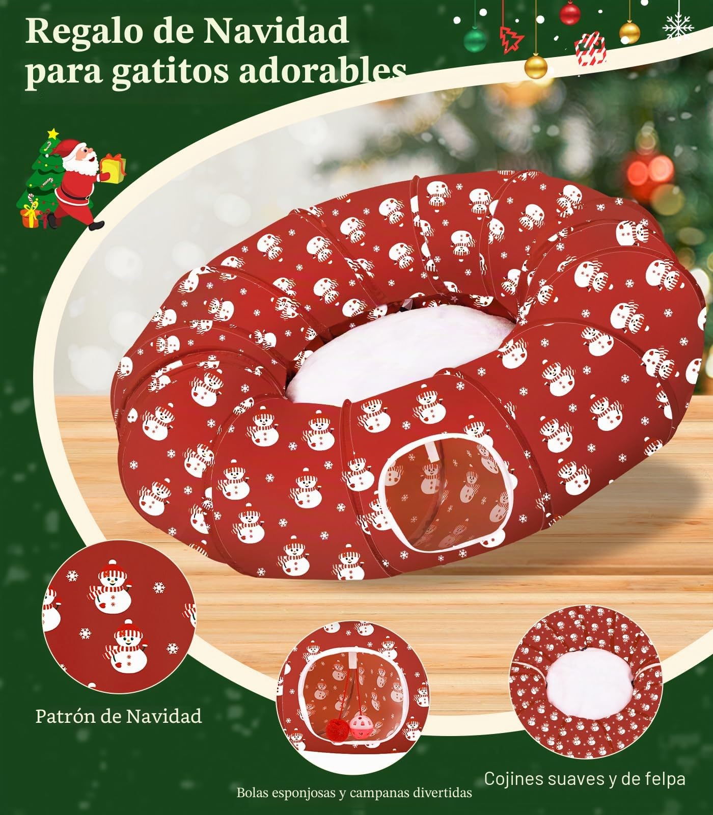 Pawaboo Túnel para Gatos Navidad, Túnel Plegable con Cama para Gatos de Diámetro 90cm con Juguete de Bola de Peluche, Túnels Redondo Plegable para Gatoss Mascotas Pequeñas, Rojo+Muñeco de Nieve