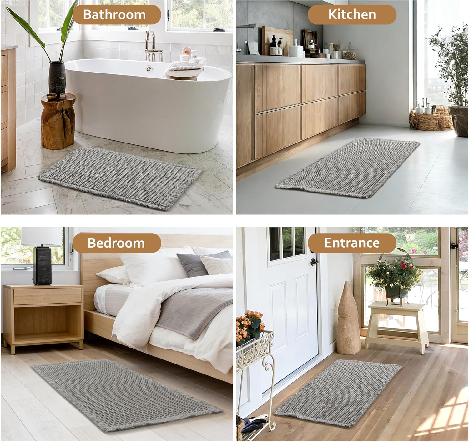 JIUZHEN Set of 2 Waffle Bath Mats Non Slip Waffle Bathroom Runner Rug Washable Boho Runner Bath Rugs Super Absorbent Shower Mat for Bathroom Kitchen Hallway Laundry, 20" x 32" +24" x 60", Grey
