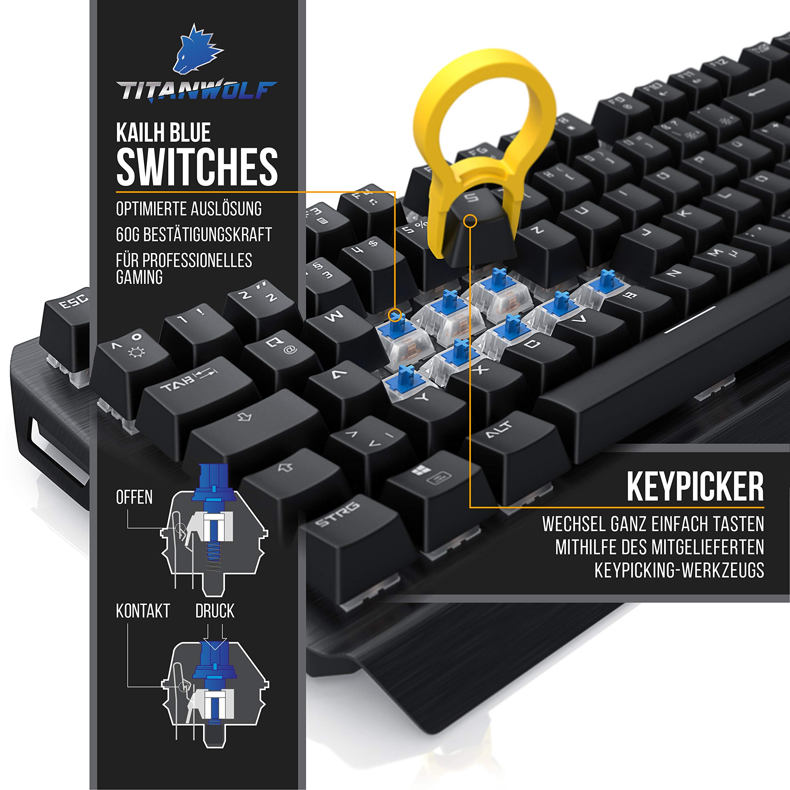 TITANWOLF Mechanische Tastatur ALUMAR MMO 10800dpi Gaming Maus XXL Mauspad Set, Anti-Ghosting, LED Backlight