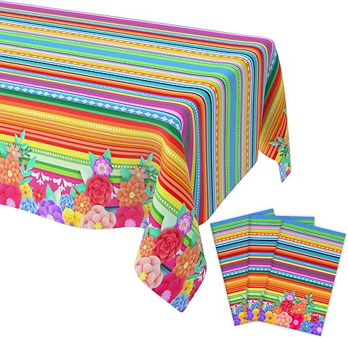 Decoraciones de fiesta mexicana, 3 manteles rectangulares de plástico con flores mexicanas desechables, manteles de Cinco de Mayo, decoraciones de