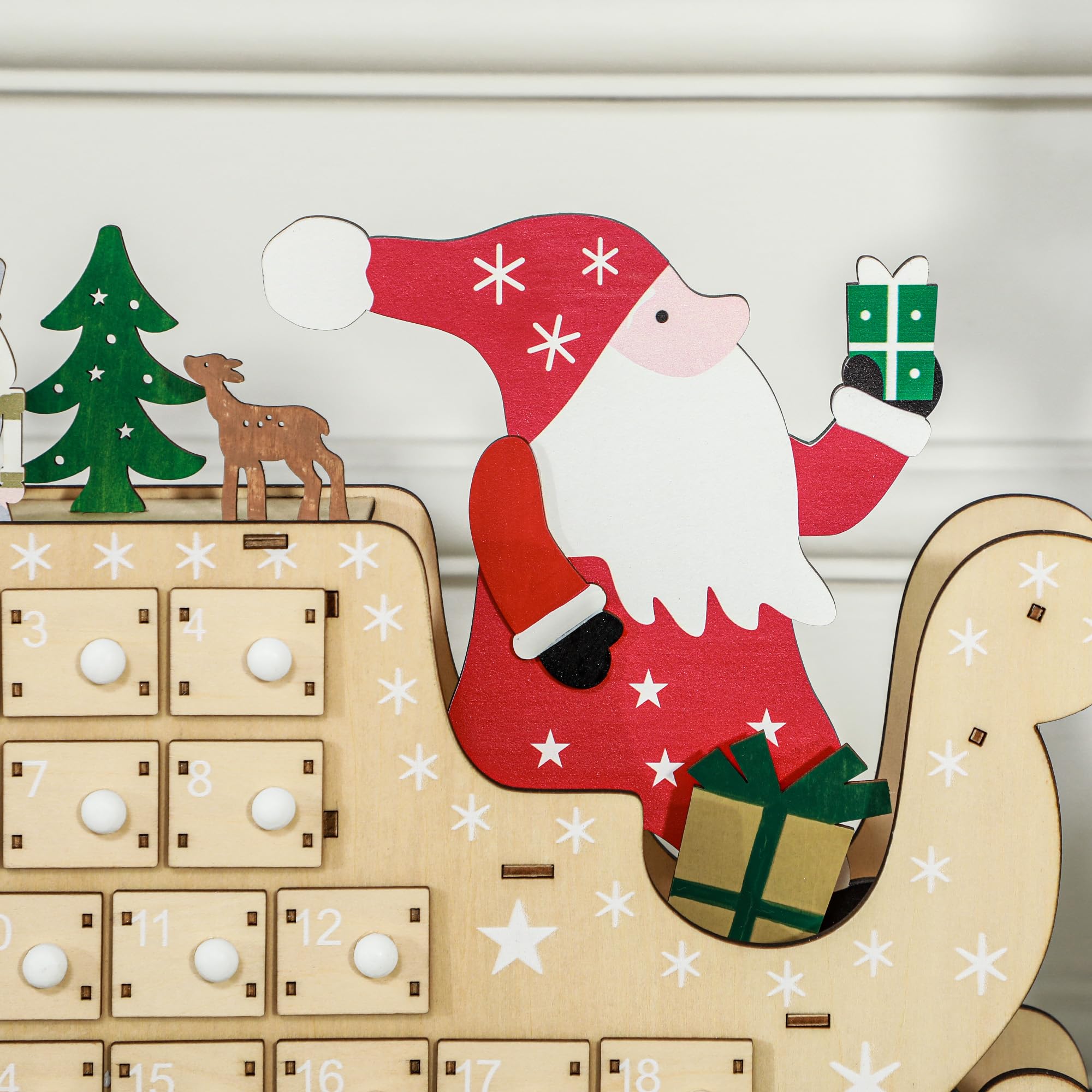 HOMCOM Calendario de Adviento de Madera con 24 Cajones 22,5x8x36cm Natural | Calendario de Adviento de Navidad Reutilizable, Decorado con Papá Noel en Trineo, Decoración Navideña para Rellenar