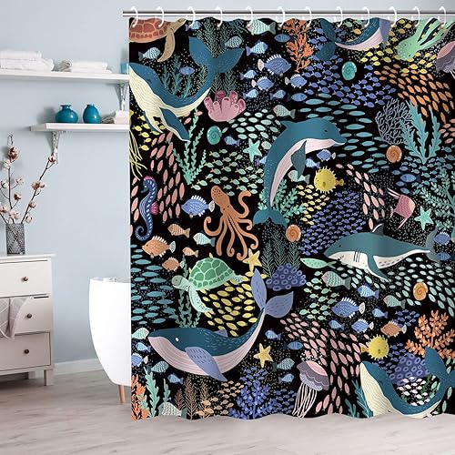 Miniatura 2 de LIVILAN Cortina de ducha para niños, diseño de animales lindos con ganchos bajo el mar, decoración de baño de dibujos animados, 72 pulgadas de ancho