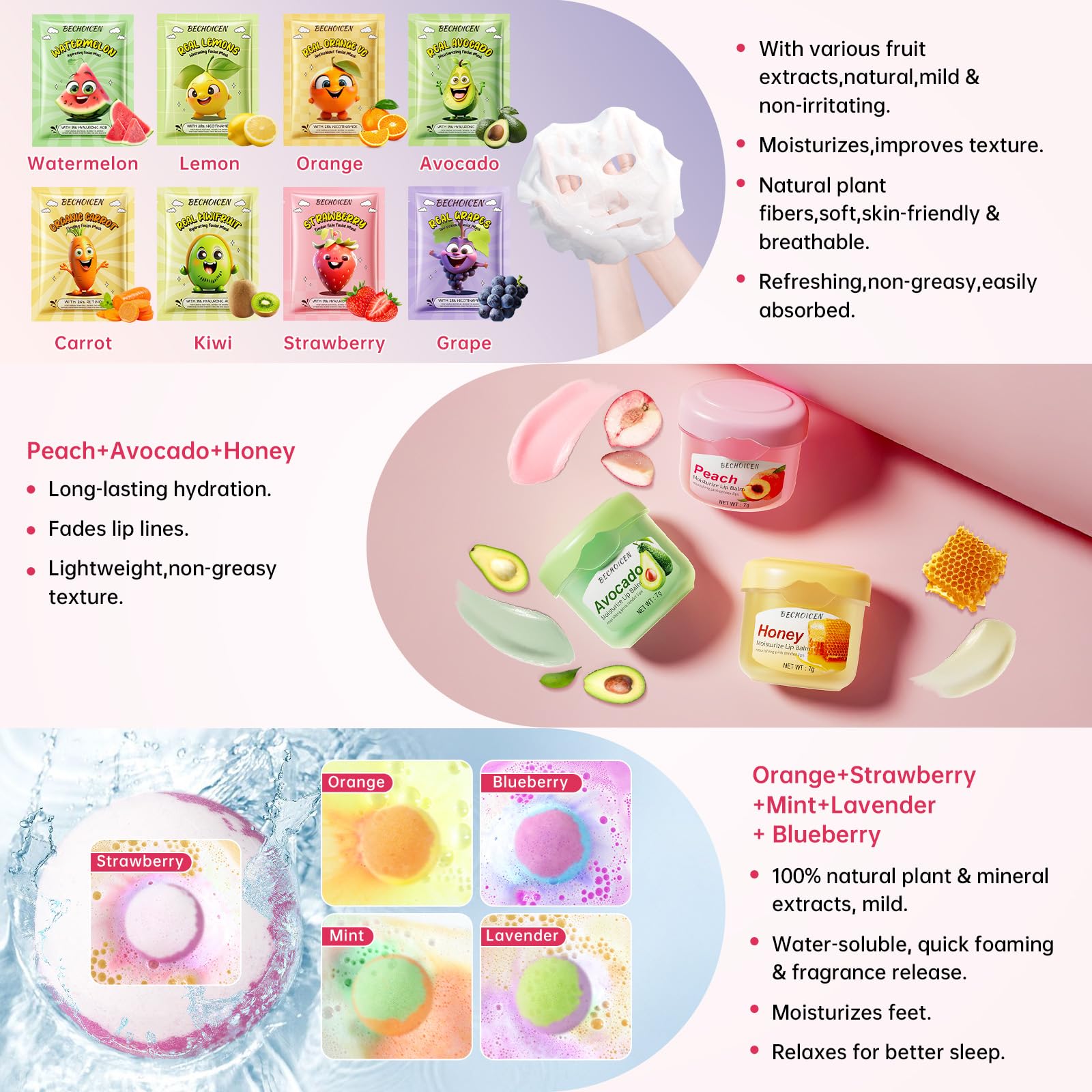 56Pcs sleepover party supplies for girls,8 Set pamper party supplies with Facial Masks Eye Patches Hand Cream Lip Balm Foot Bath Bombs,Ideal Gift for Sleepovers & Birthdays,Safe for All Skin Types - Image 3