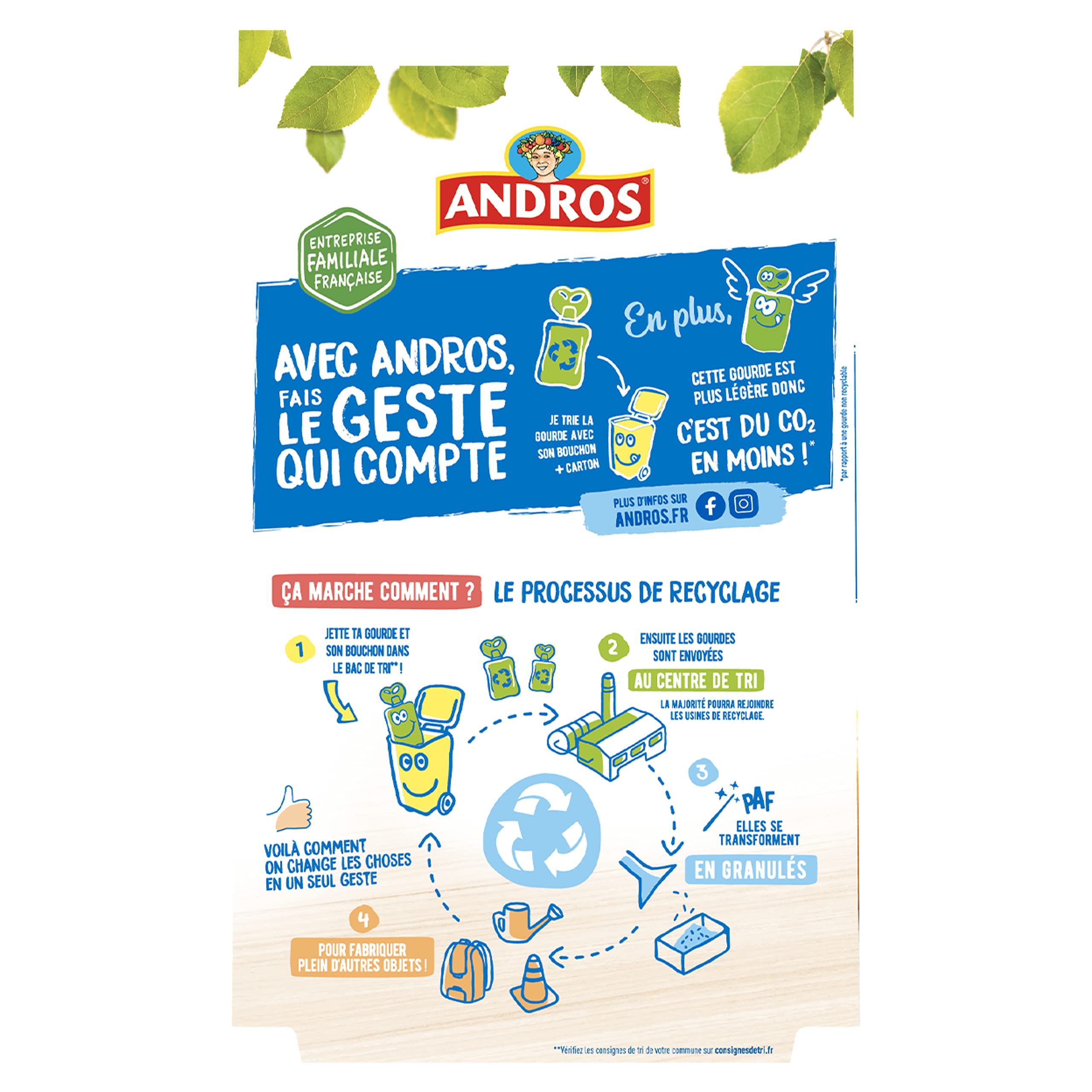 ANDROS - Compote de Fruit - Gourde Recyclable - Sans Sucre Ajouté - Goût Pomme + Pomme/Poire + Pomme/Fraise + Pomme/Banane - Idéal pour le Goûter des Enfants - Lot de 48