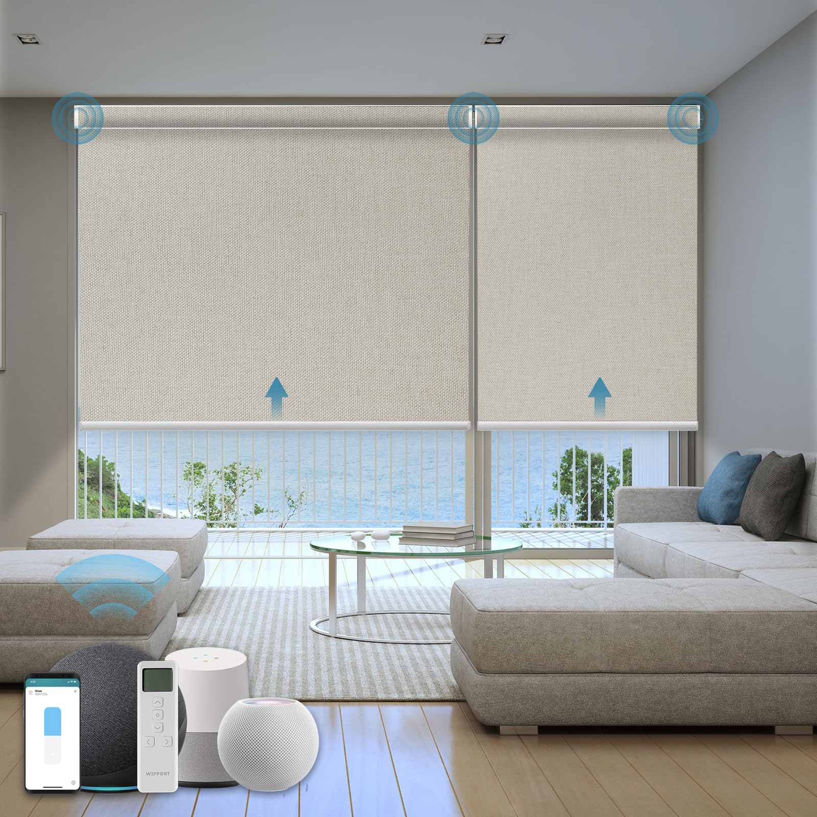 WEFFORT Motorized Smart Blinds with Remote,Automatic Blackout Roller Shade Compatible with Google Home and Alexa,Homekit,Electric Shades,Custom up110'