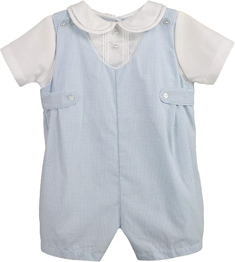 Petit Ami Baby Boys' Side Tab Pintuck Gingham Romper, 3 Months, Blue