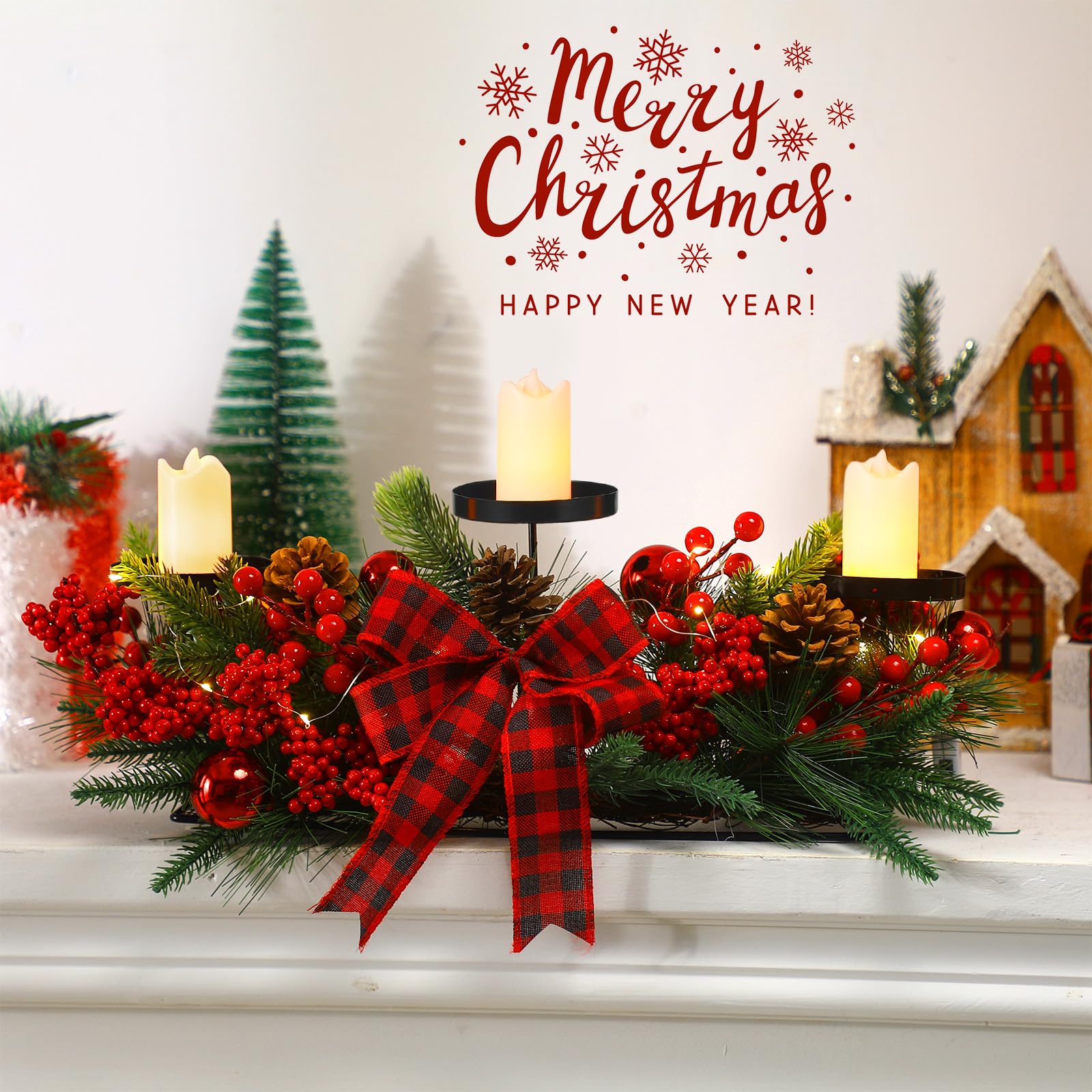 Christmas Triple Candelabrum Centerpiece with LED Candles, String Lights, Bow, Pine Cones - For Home Decor