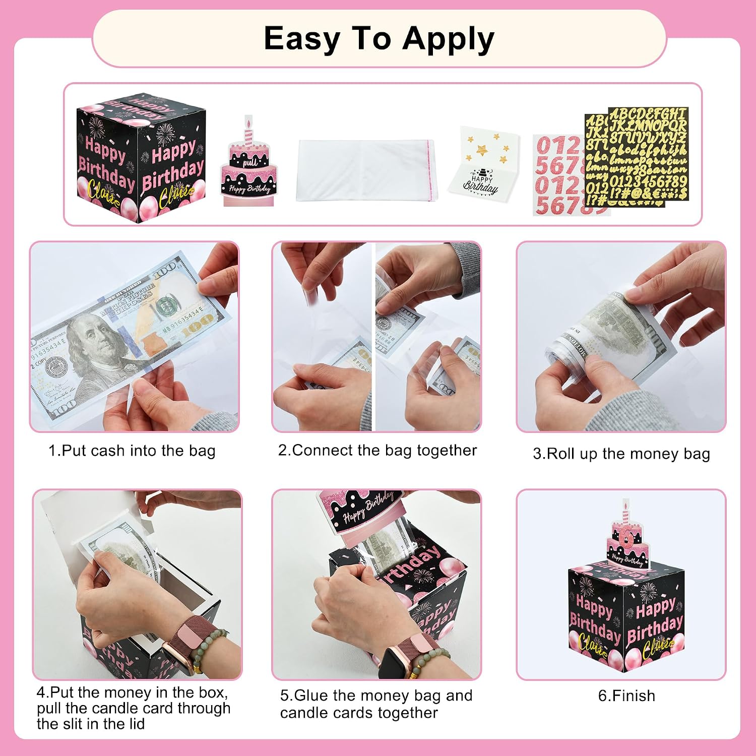 BEISHIDA Birthday Money Pull Box, Birthday Money Box for Cash,DIY Surprise Gift Box for Money,Black & Pink Money Gift Boxes for Cash Pull Out with Birthday Day Card-Funny Ways to Give Money As A GIF