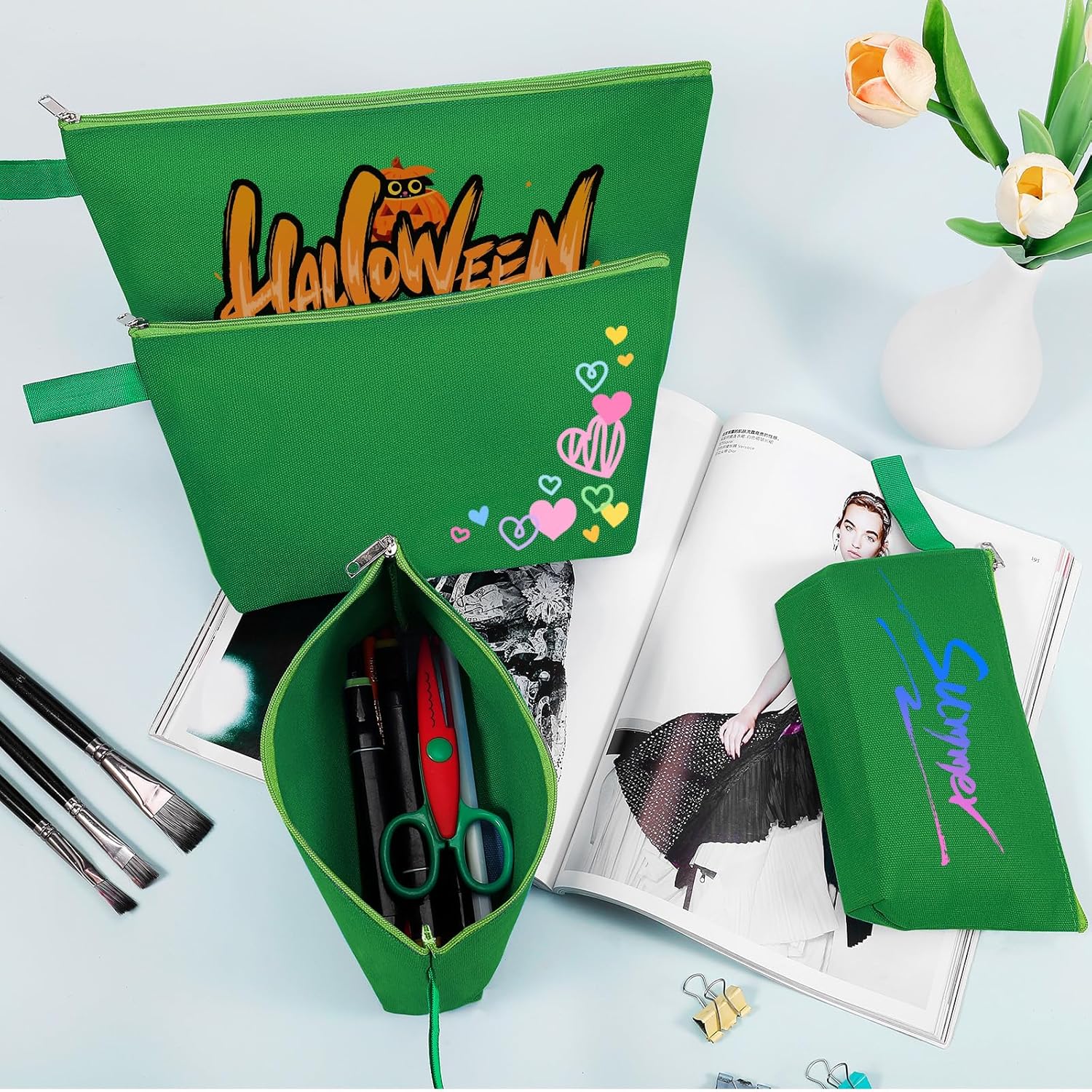 10 Pieces Cotton Canvas Makeup Bag with Bottom and Strap, Multi-Purpose Cosmetic Bag with Zipper Travel Toiletry Pouch, Blank DIY Craft Bag (Green, S) - Image 3