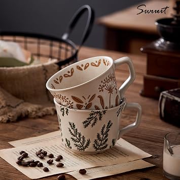 350 ml Vintage Ceramic Coffee Cups – Handmade Stoneware Mugs, Big and Stackable for Large Lattes and Camping Coffee, Featuring Plants Designs (Set of 2)