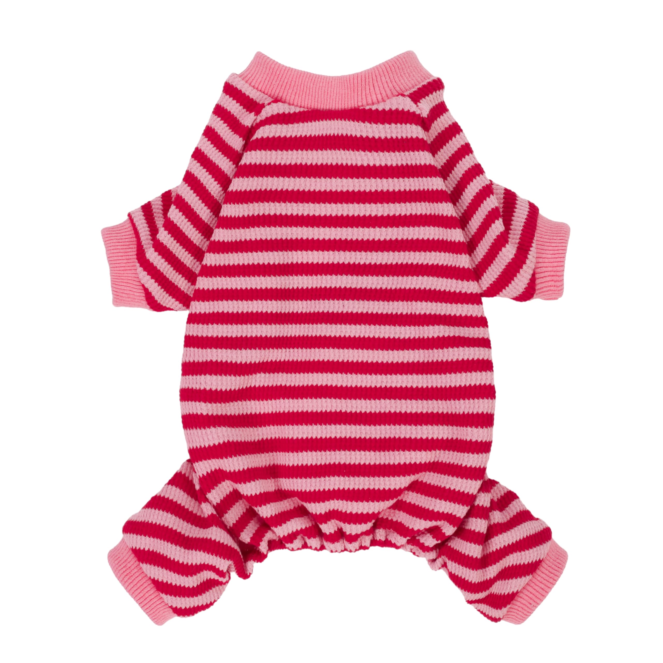 Fitwarm Pink and Red Striped Dog Pajamas, Waffle Dog Clothes for Small Dogs Girl Boy, Puppy Onesie with Feet, Pet Cat Outfit, XS